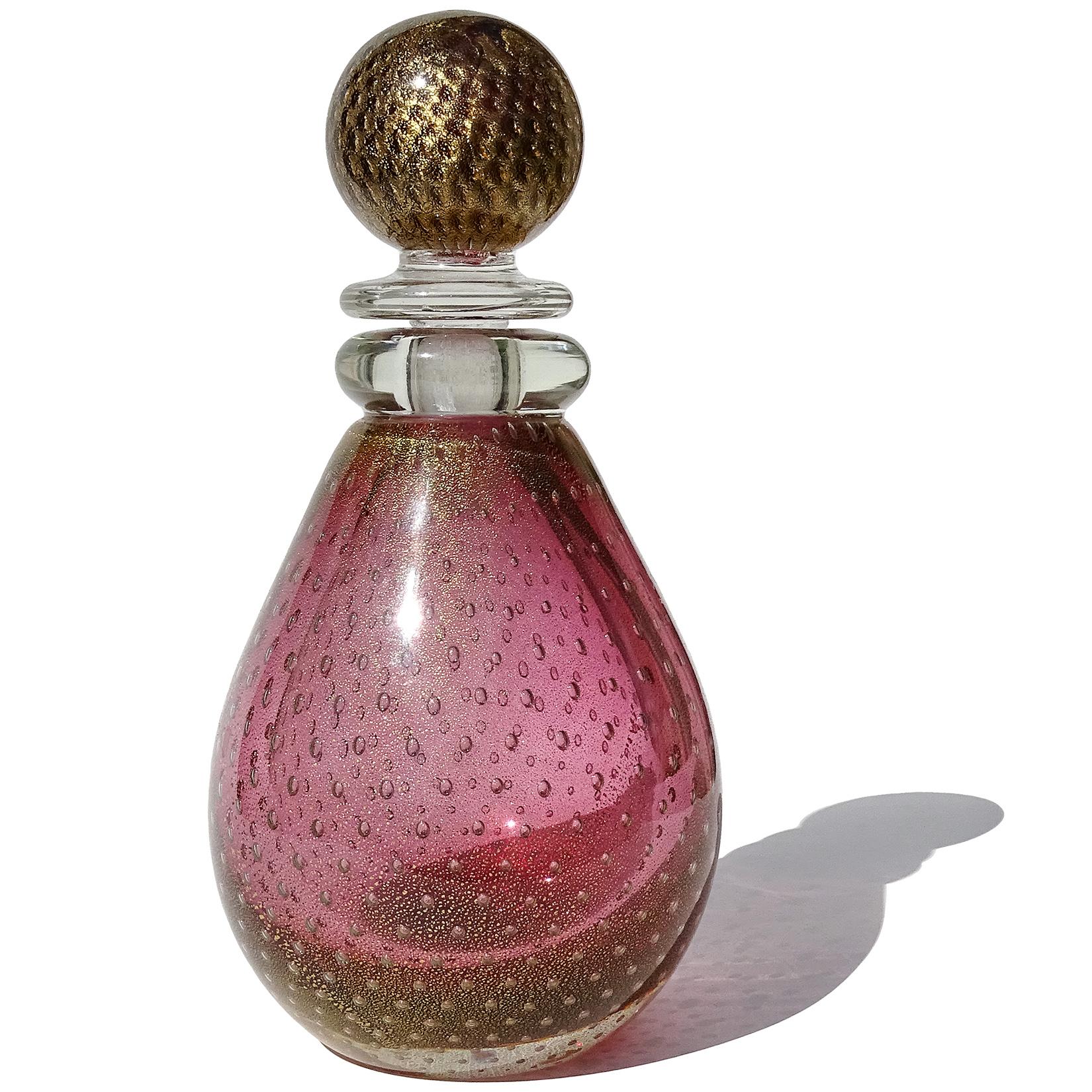 Mid-Century Modern Murano Sommerso Cranberry Amethyst Gold Leaf Italian Art Glass Bottle Decanter