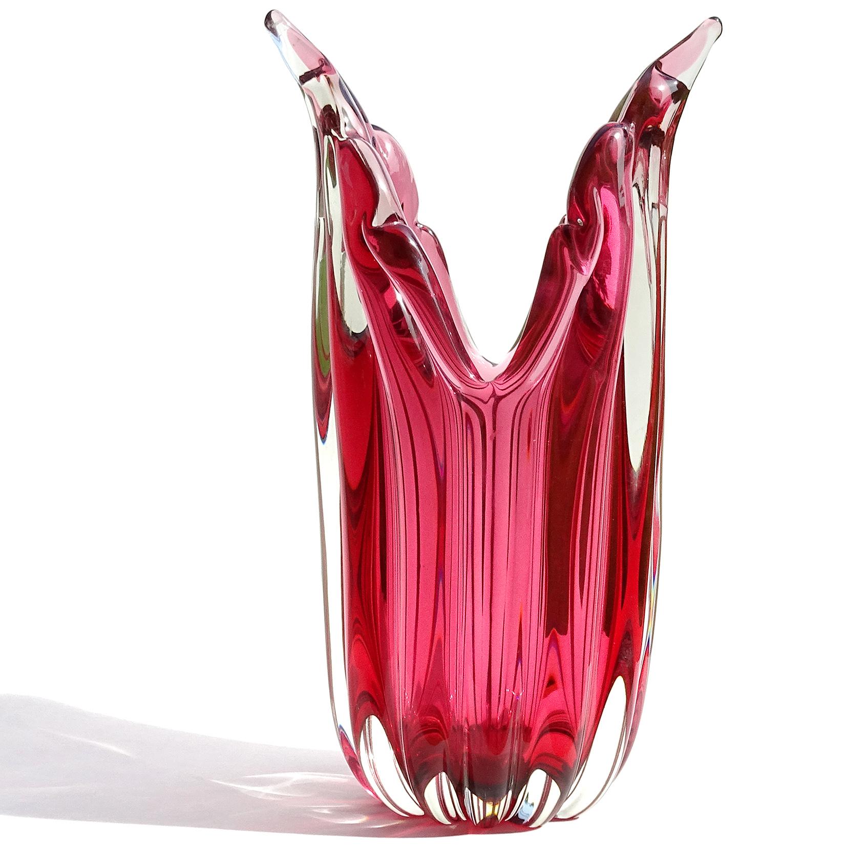 Mid-Century Modern Murano Sommerso Deep Pink Italian Art Glass Ribbed Flared Wings Flower Vase