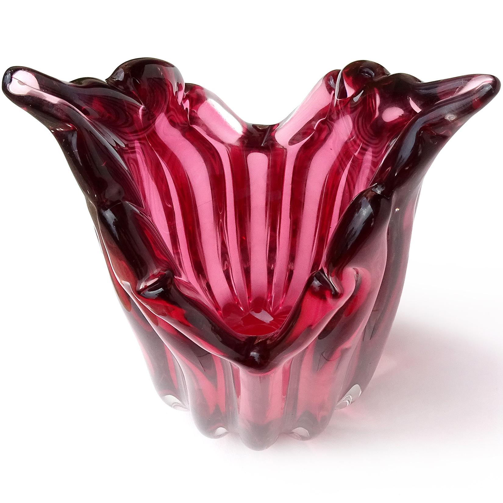 Hand-Crafted Murano Sommerso Deep Pink Italian Art Glass Ribbed Flared Wings Flower Vase
