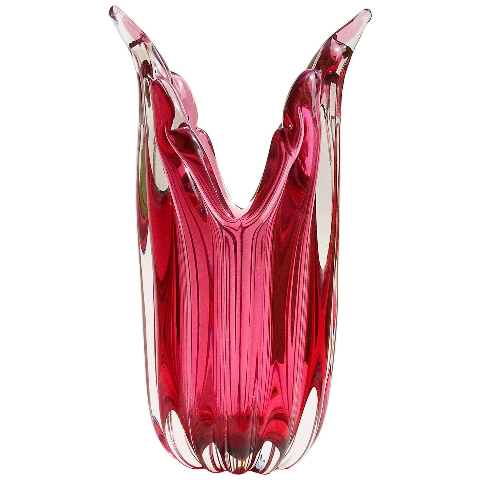 Murano Sommerso Deep Pink Italian Art Glass Ribbed Flared Wings Flower Vase