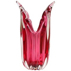 Vintage Murano Sommerso Deep Pink Italian Art Glass Ribbed Flared Wings Flower Vase