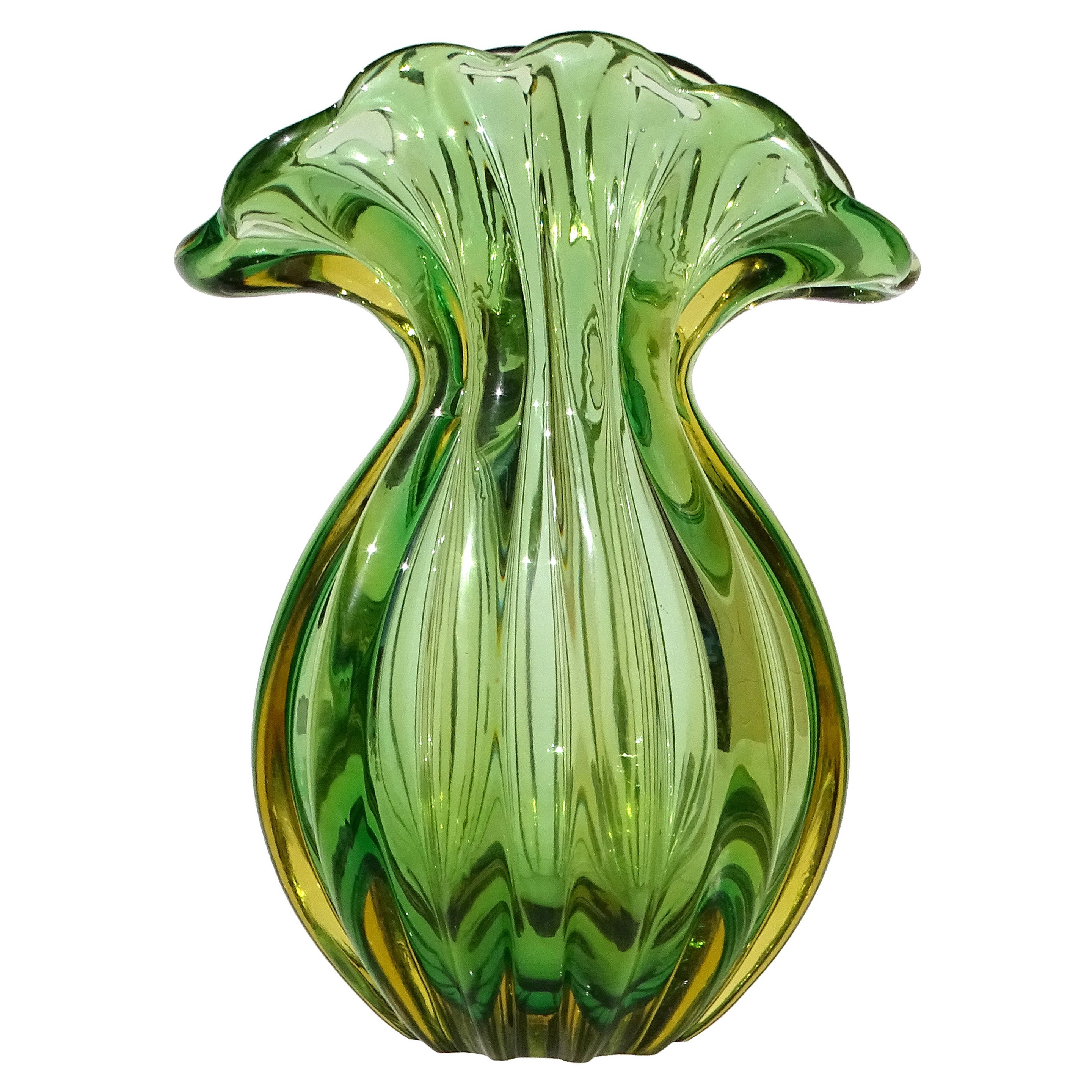 Murano Sommerso Emerald Green Golden Yellow Vaso a ventaglio in vetro artistico italiano