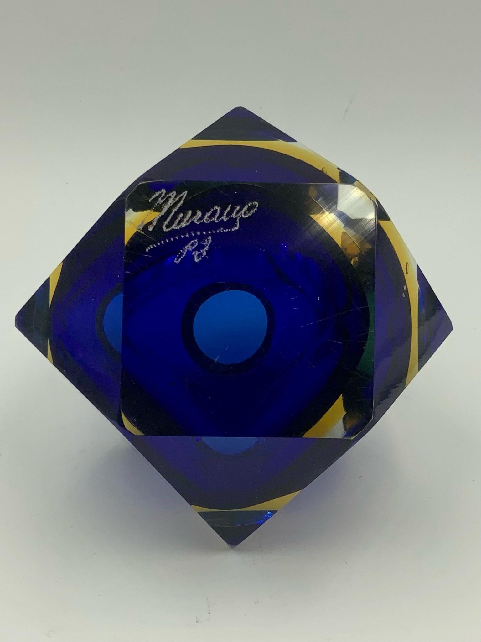 Italian Murano Sommerso Geometric Blue Art Glass Cigarette or Cocktail Pick Holder For Sale