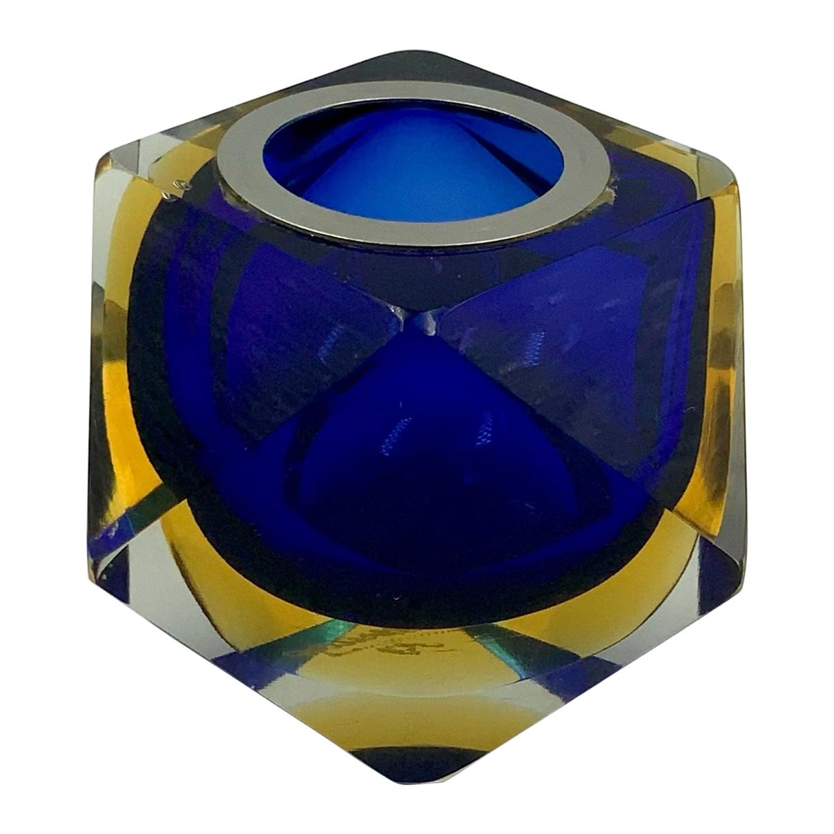 Murano Sommerso Geometric Blue Art Glass Cigarette or Cocktail Pick Holder