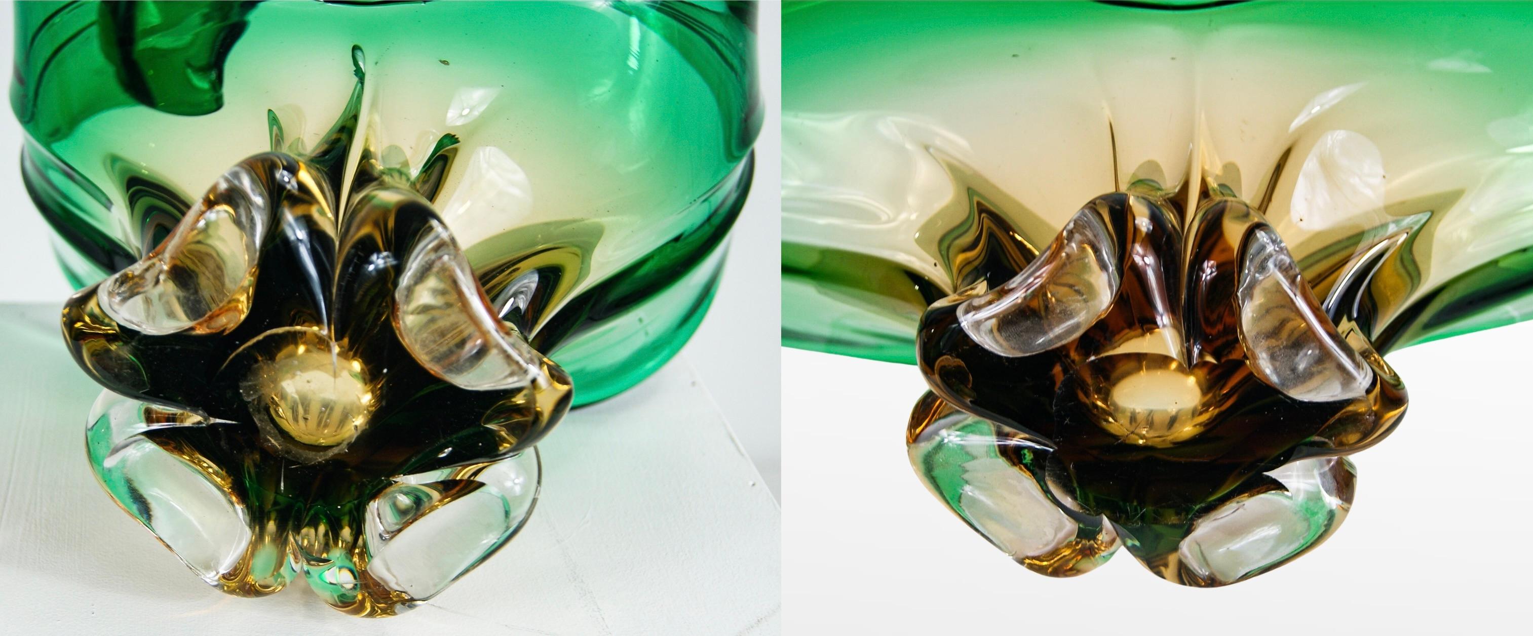 Murano Sommerso Glass Amber Green Large Bowl & Vase Sculptures Cristallo Venezia For Sale 4