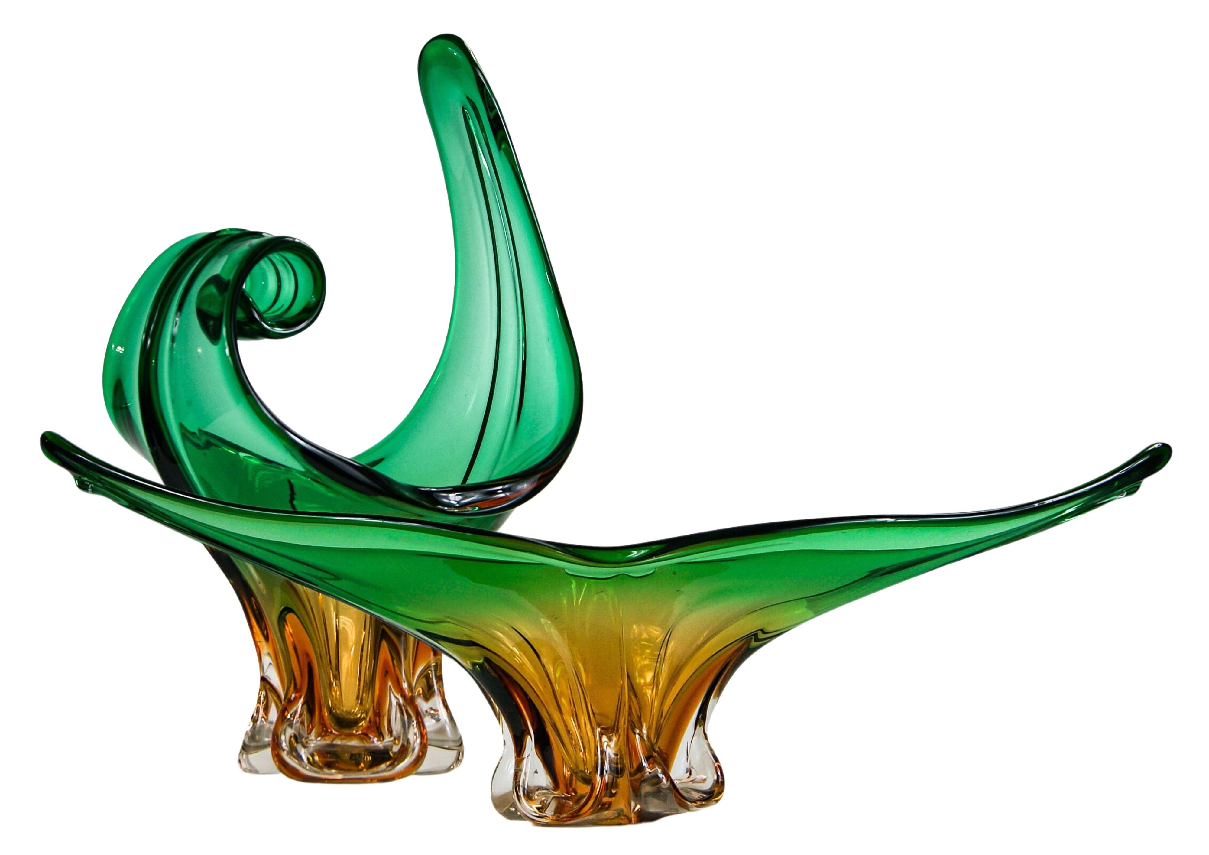Große Schale und Vase aus Murano Sommerso-Glas in Bernsteingrün mit Skulpturen Cristallo Venezia im Zustand „Gut“ im Angebot in Torquay, GB