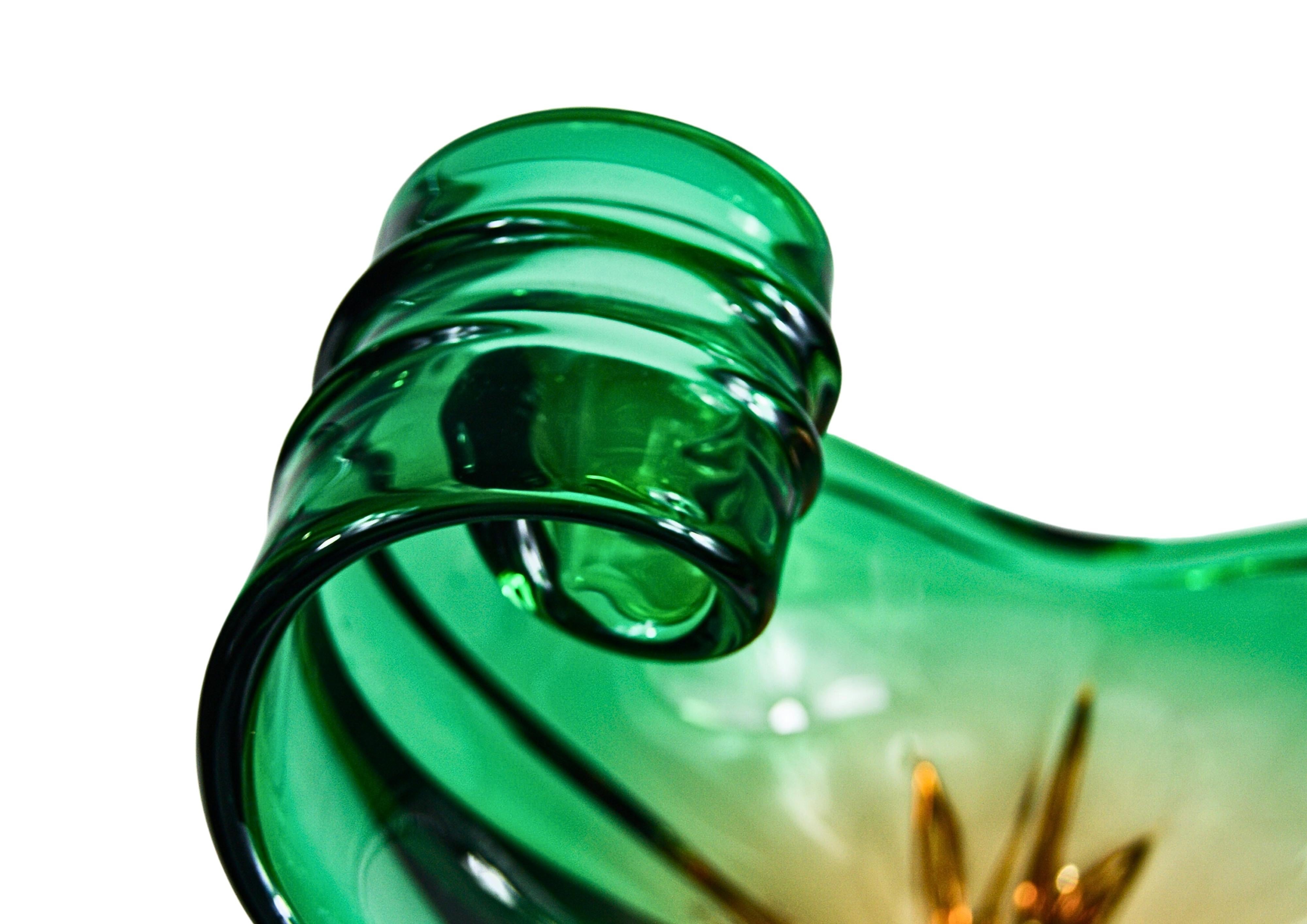 20th Century Murano Sommerso Glass Amber Green Large Bowl & Vase Sculptures Cristallo Venezia For Sale