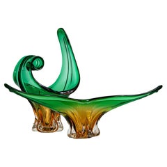 Große Schale und Vase aus Murano Sommerso-Glas in Bernsteingrün mit Skulpturen Cristallo Venezia