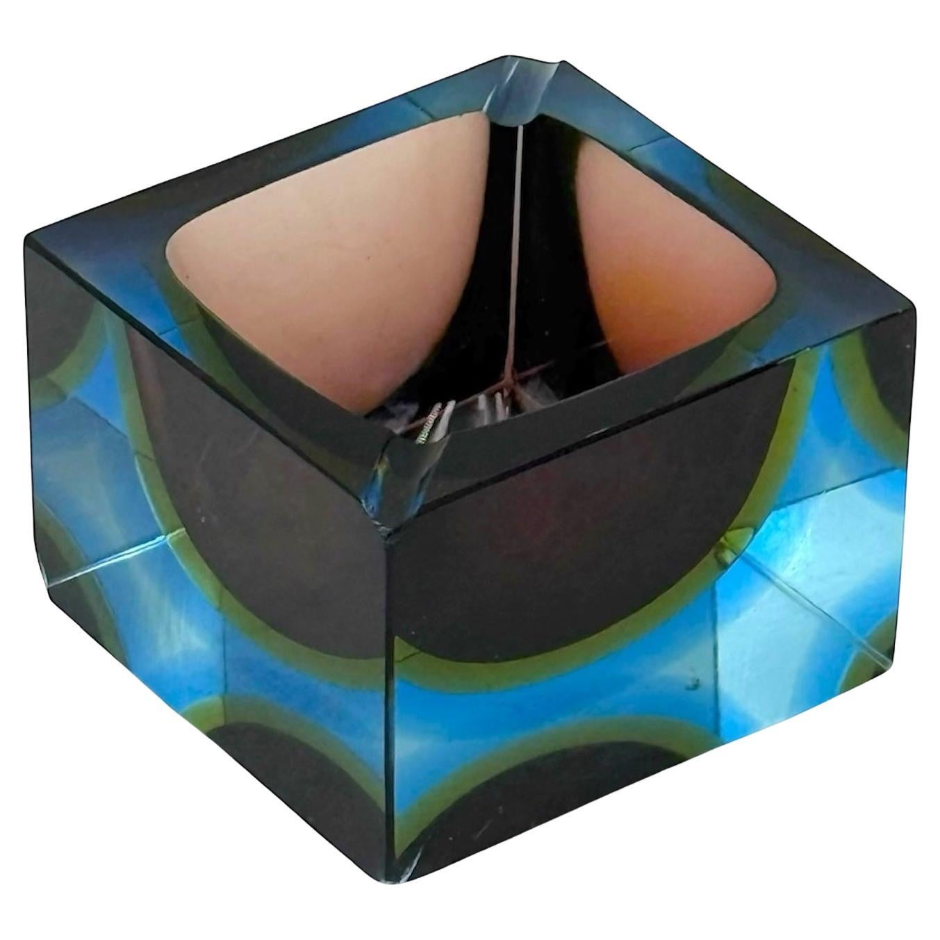 Murano Glass Sommerso" Kunstvase / Aschenbecher mit blauen und bernsteinfarbenen Tönen, 1970er Jahre