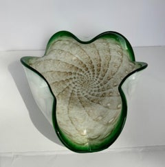 Murano Sommerso Glass Bowl with Gold Aventurine Spiral Pattern and Green Edge