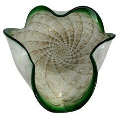 Murano Sommerso Glass Bowl with Gold Aventurine Spiral Pattern and Green Edge