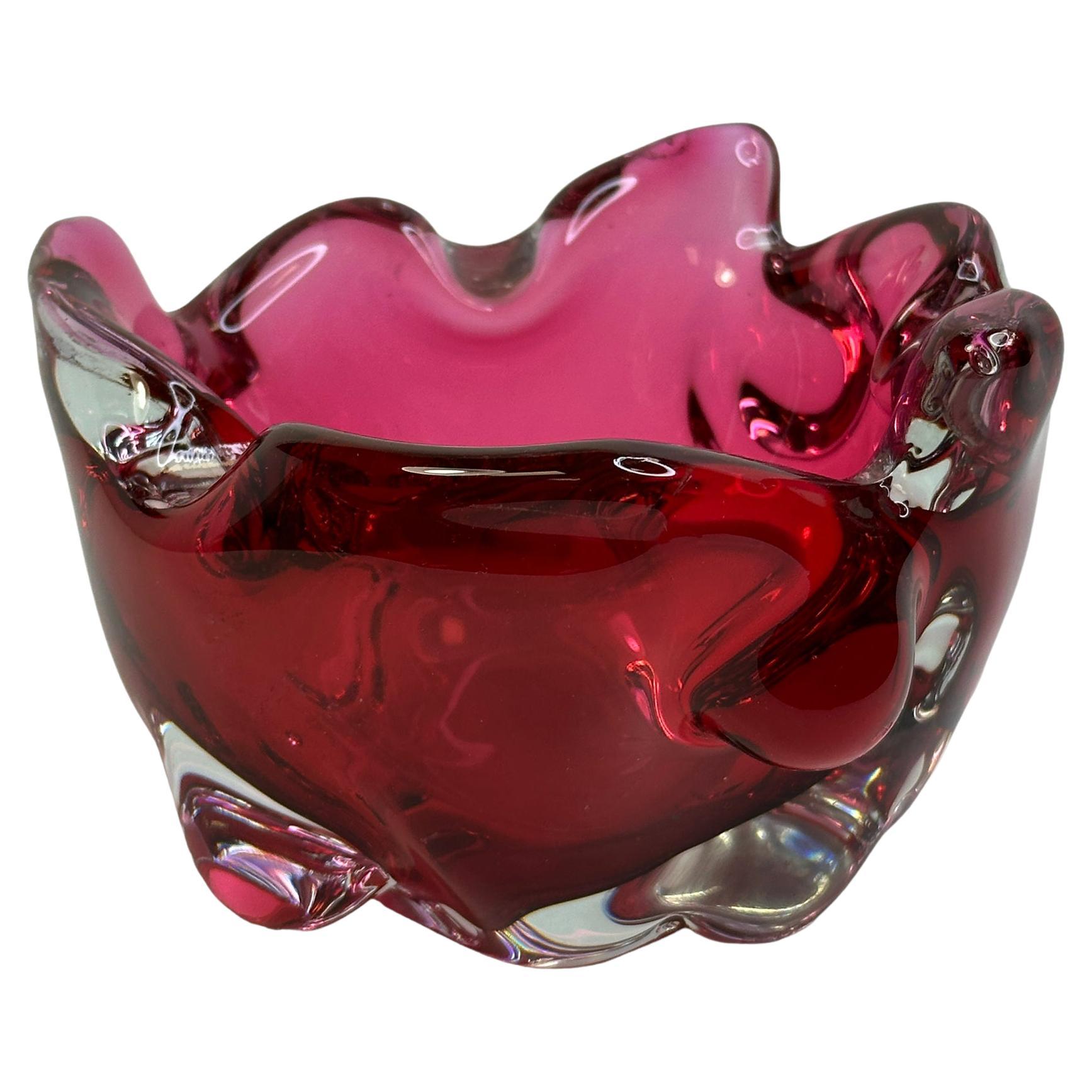 Murano Sommerso Glass Cigar Ashtray Dark Pink and Clear, Vintage, Italy, 1970s For Sale