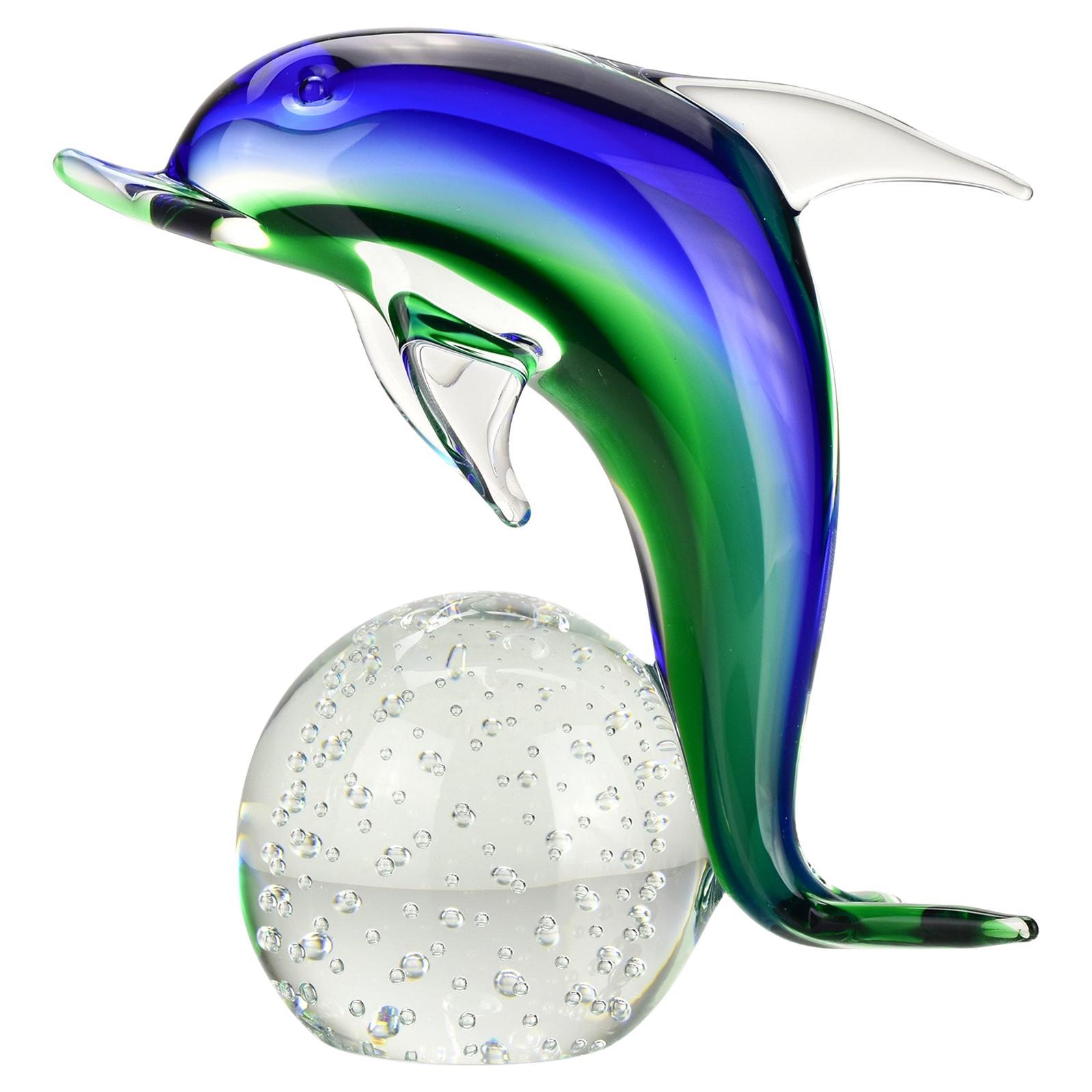 Murano Sommerso Glass Dolphin Sculpture by V.I.C. on Bullicante Base (Sculpture de dauphin en verre de Murano Sommerso par V.I.C. sur base bullicante) en vente