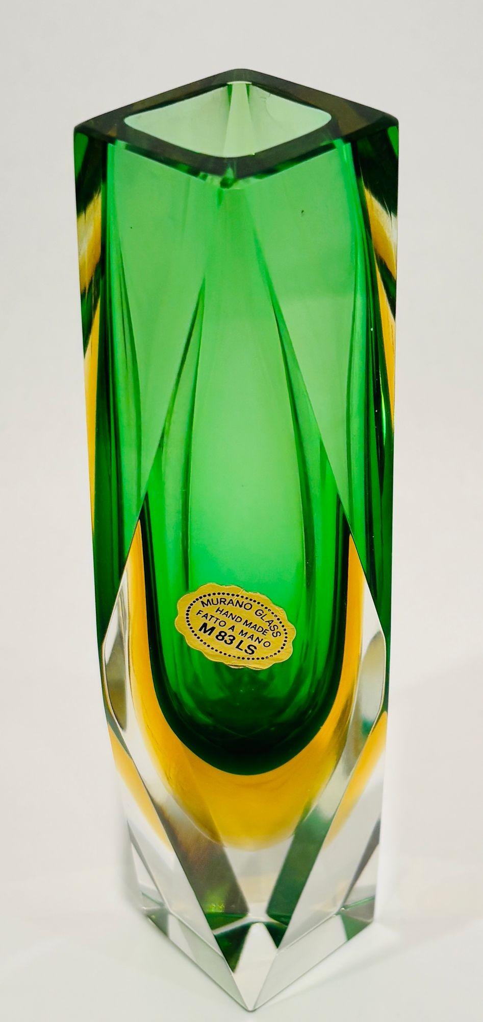 Murano Glass Sommerso Vase in Grün & Gelb von Flavio Poli für Mandruzzato im Angebot 8