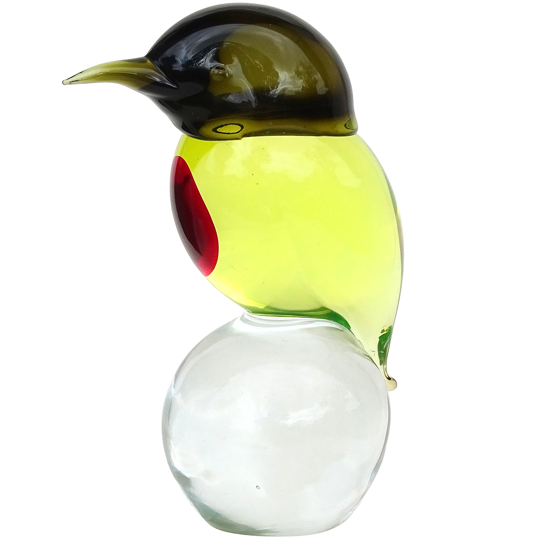 Murano Glass Sommerso incandescente, giallo uranio, cuore rosso, figura di uccello in vetro artistico italiano in vendita
