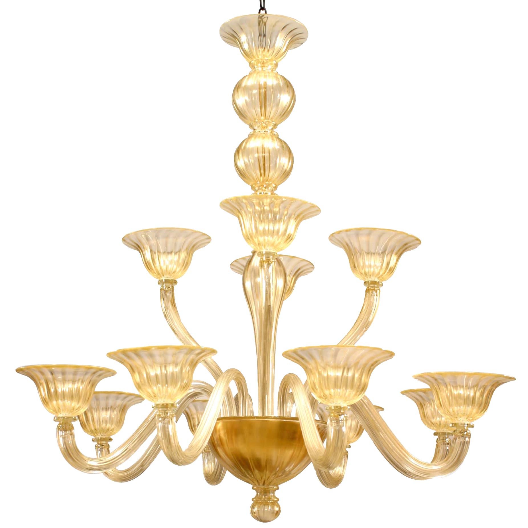 2 Italian Murano Sommerso Gold Dusted Glass Chandeliers For Sale