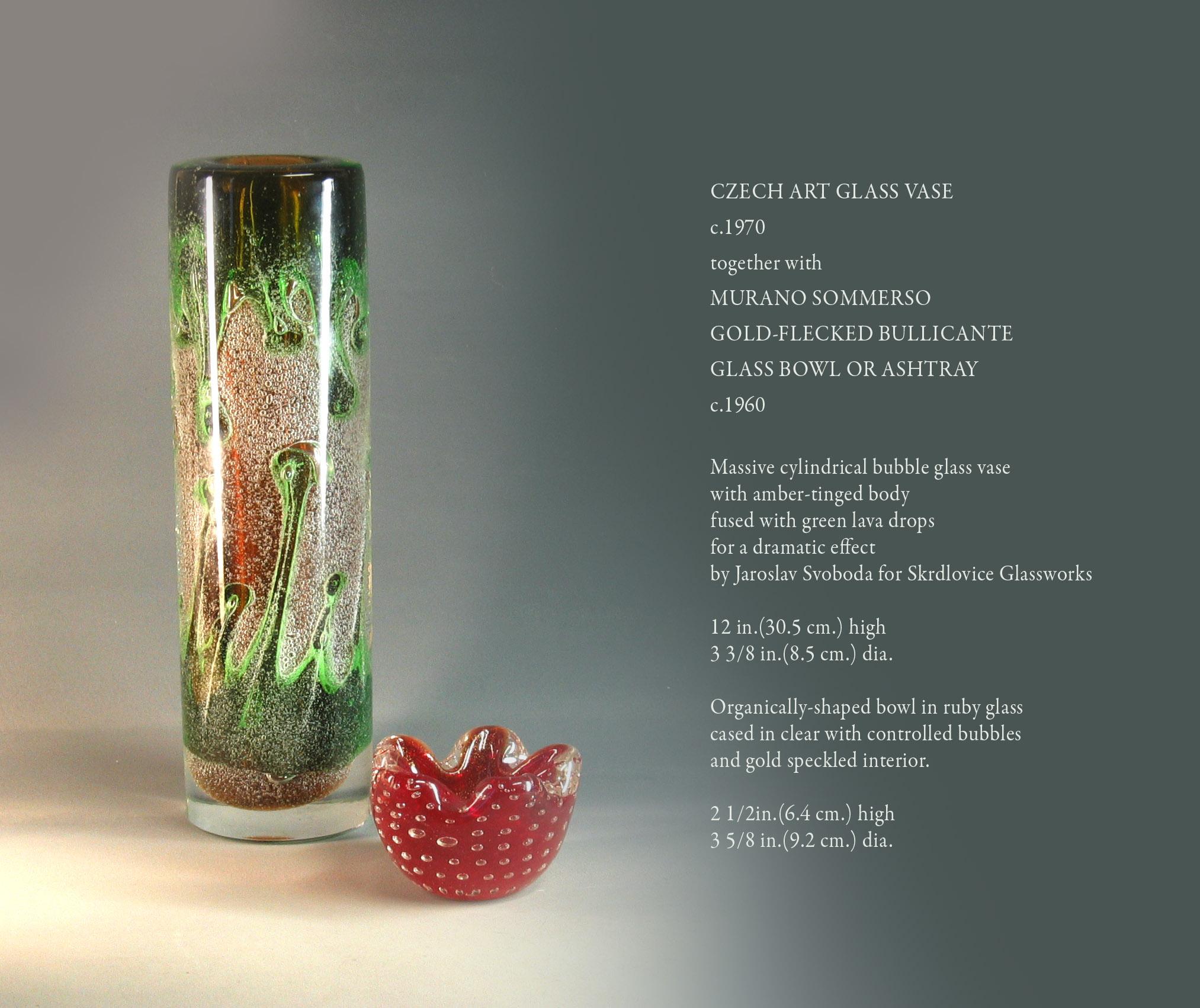 Murano Sommerso Gold-Flecked Bullicante Bowl/Ashtray and Czech Art Glass Vase For Sale 5