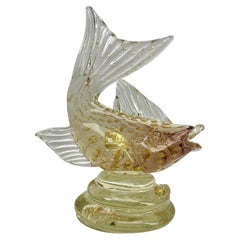 Murano Glass Sommerso Moteado de Oro Figurilla Italiana Grande de Vidrio Artístico de Pez