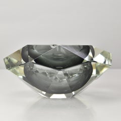 Murano Sommerso Gray & Clear Faceted Art Glass Ashtray Dish Bowl by Flavio Poli