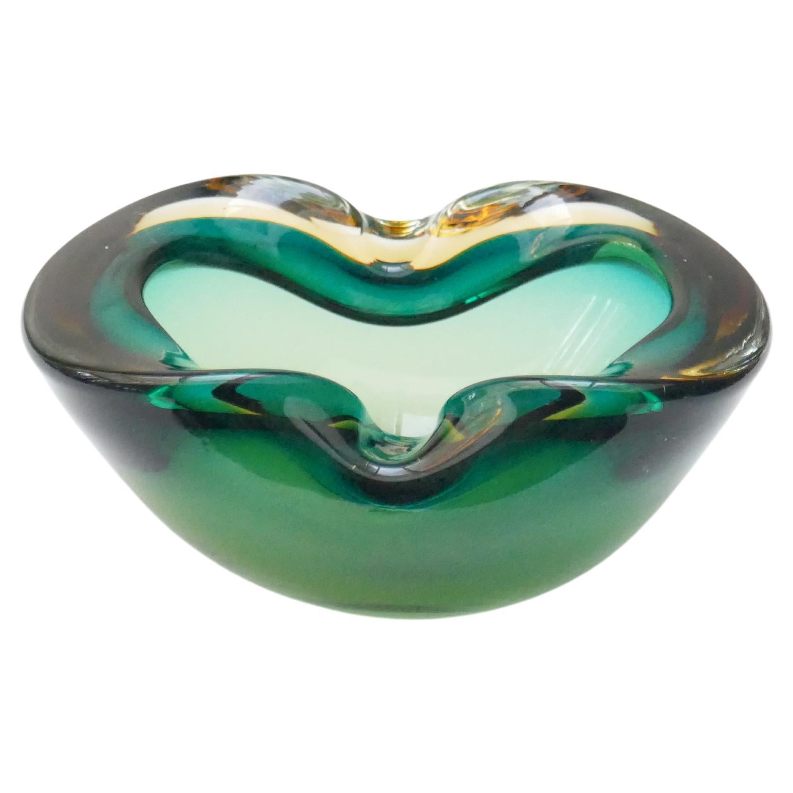 Murano Sommerso Green and Amber Art Glass Bowl, Italy, 1960s