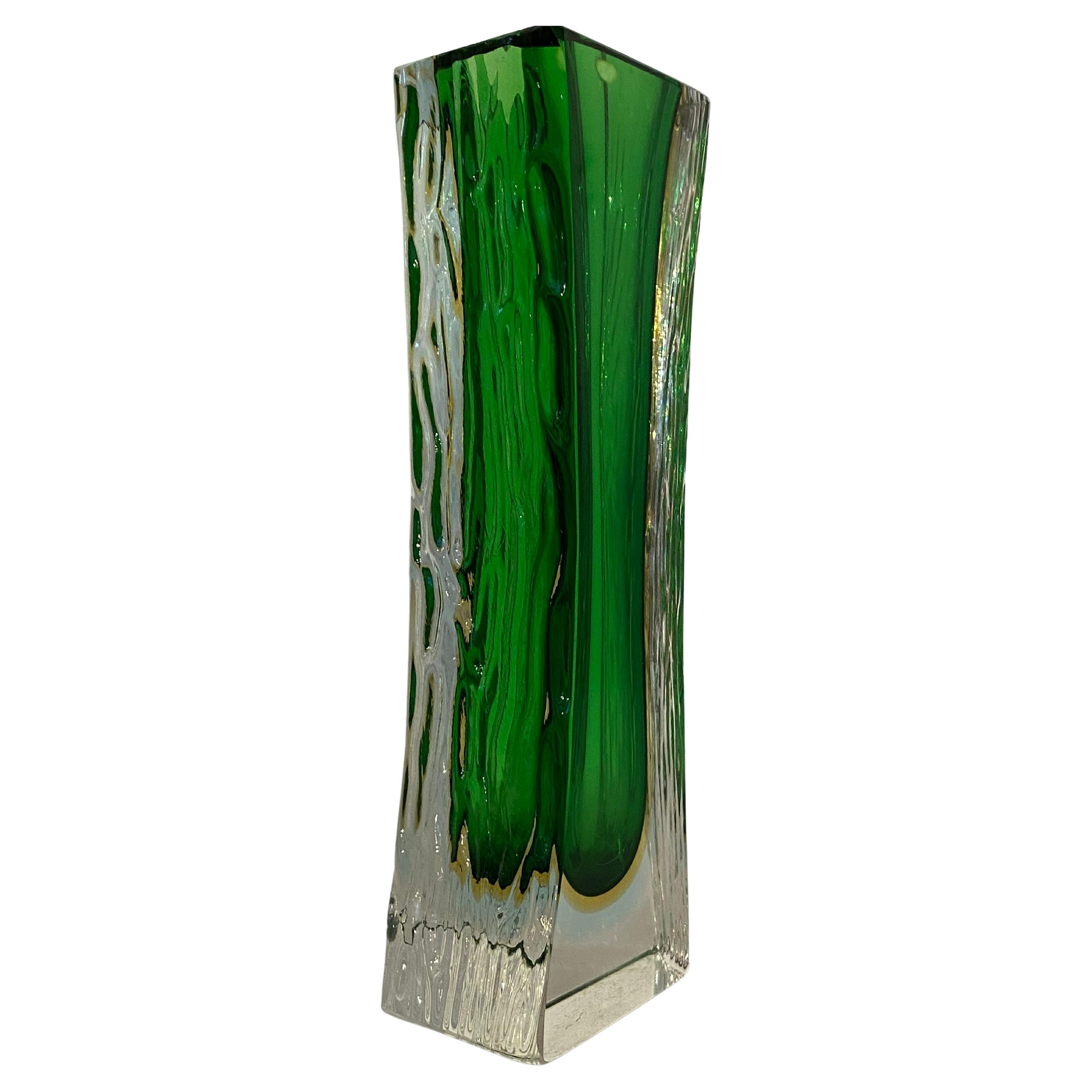 Italian Murano Sommerso Green and Yellow Ice Glass Vase by Alessandro Mandruzzato, 1960s For Sale
