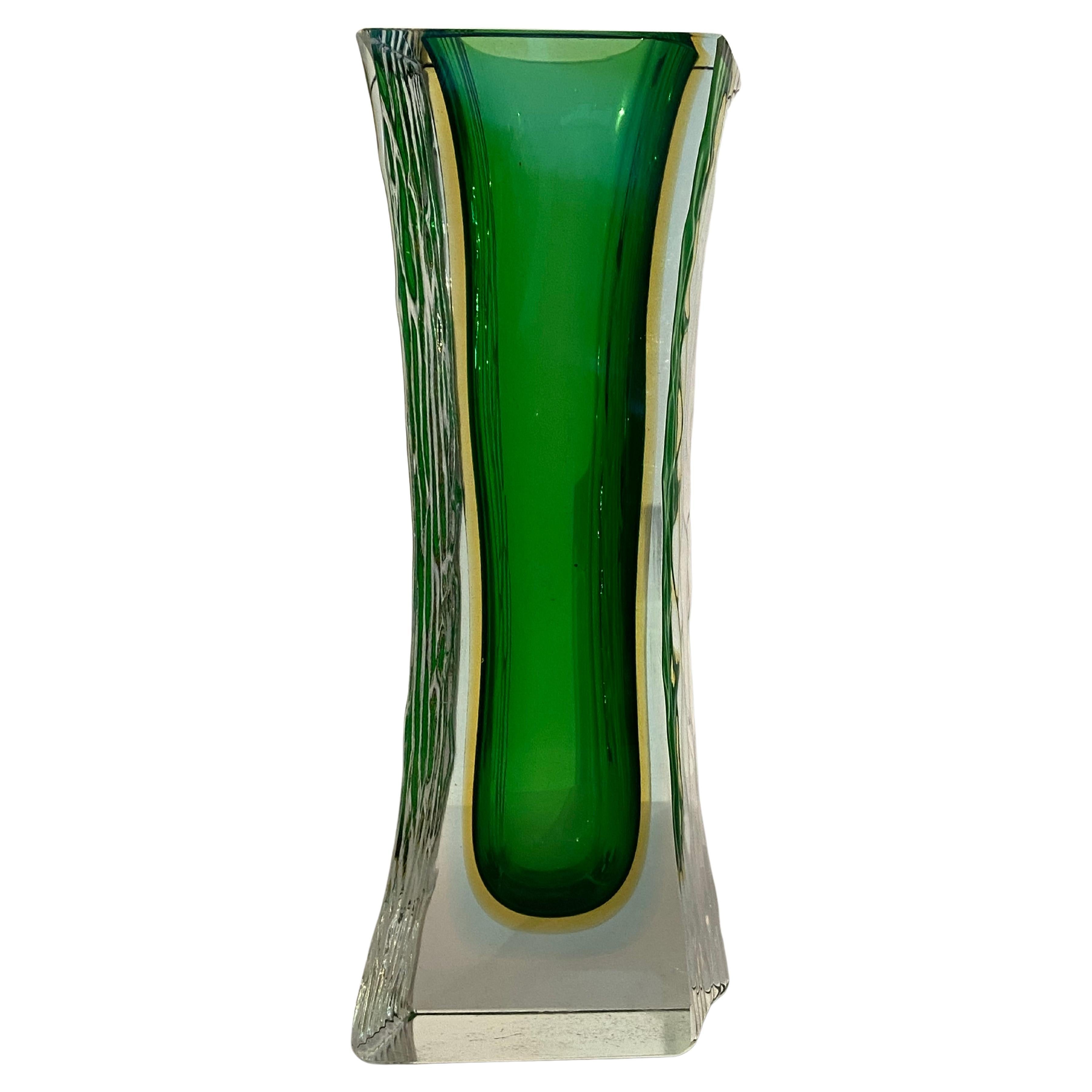 Molded Murano Sommerso Green and Yellow Ice Glass Vase by Alessandro Mandruzzato, 1960s For Sale