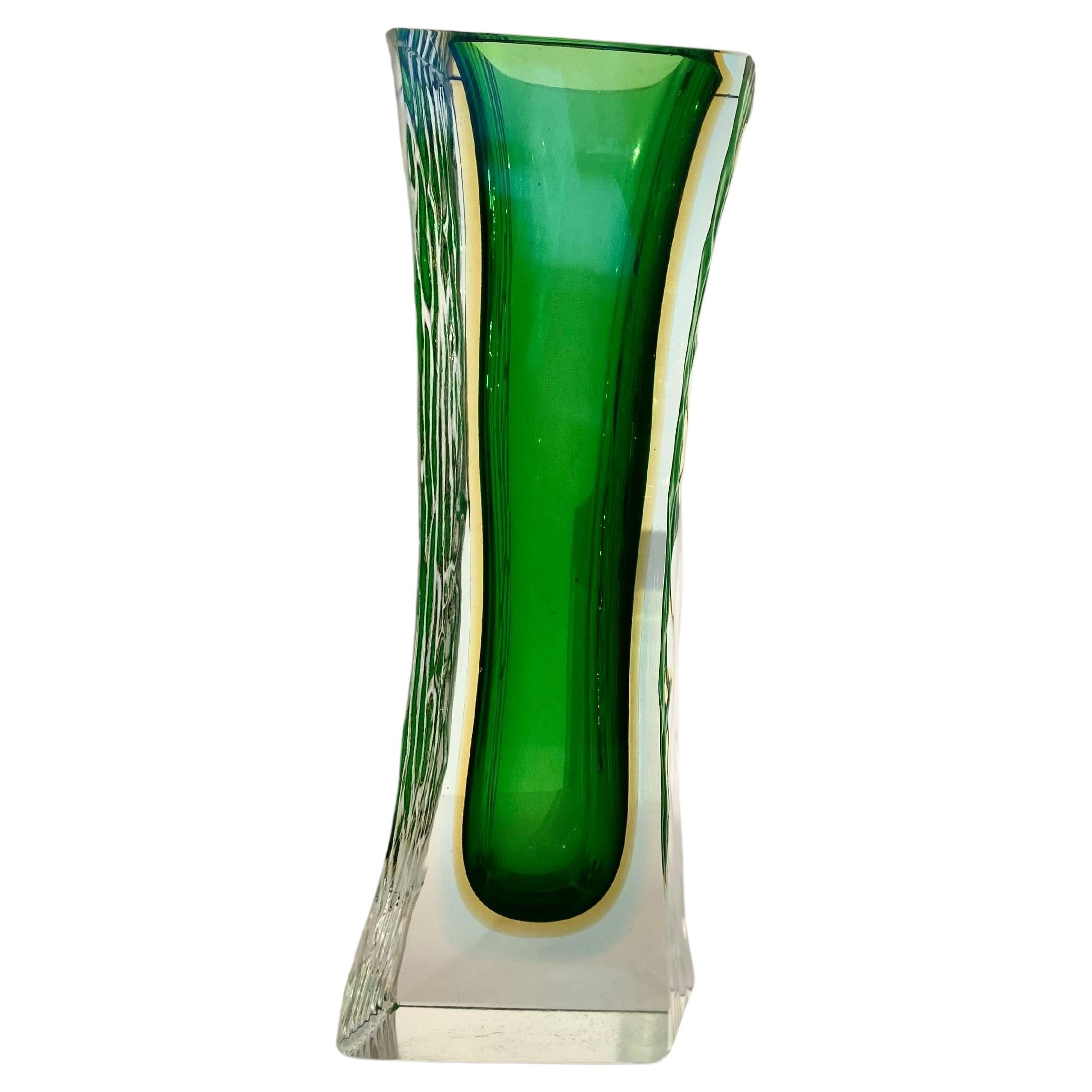 Mid-20th Century Murano Sommerso Green and Yellow Ice Glass Vase by Alessandro Mandruzzato, 1960s For Sale