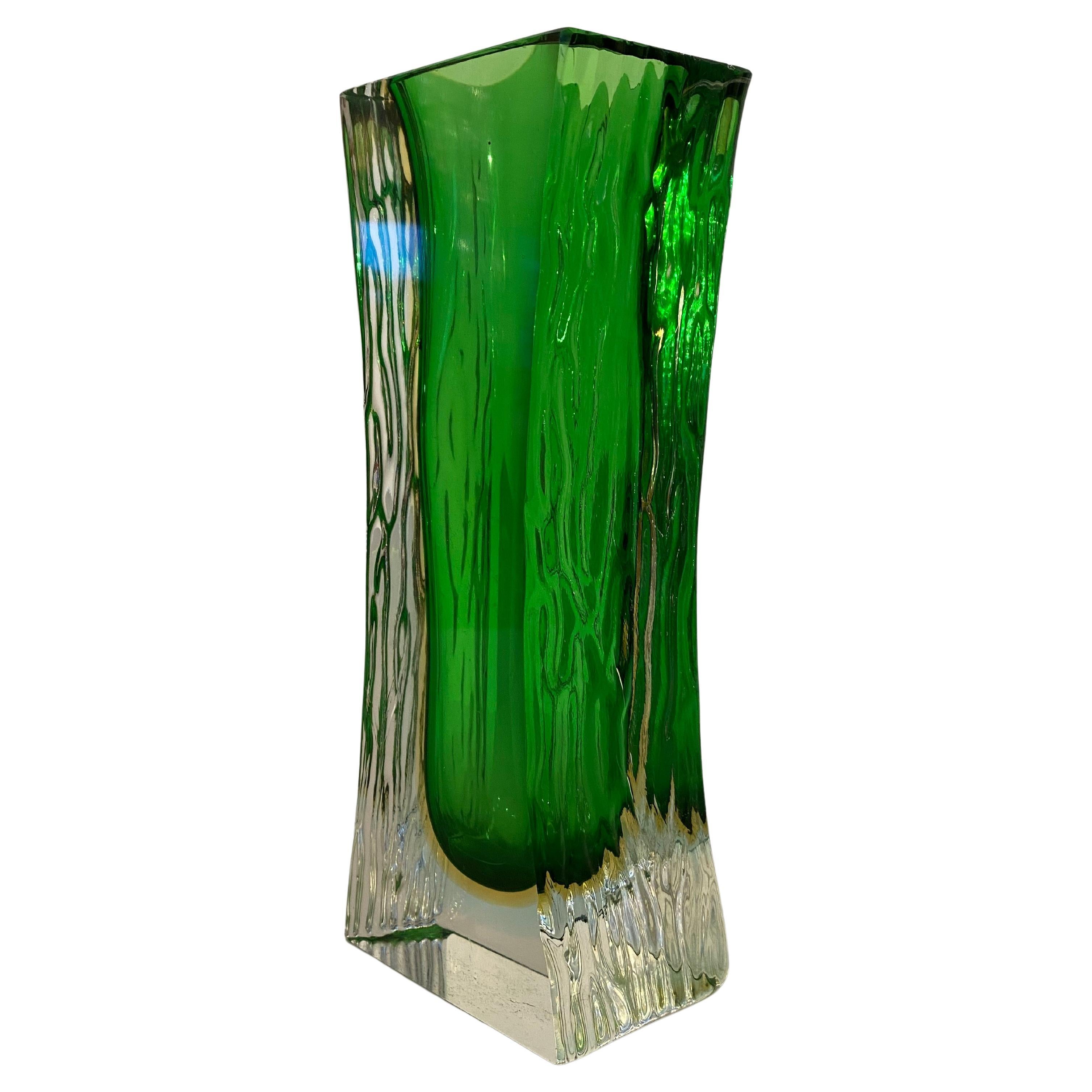 Art Glass Murano Sommerso Green and Yellow Ice Glass Vase by Alessandro Mandruzzato, 1960s For Sale