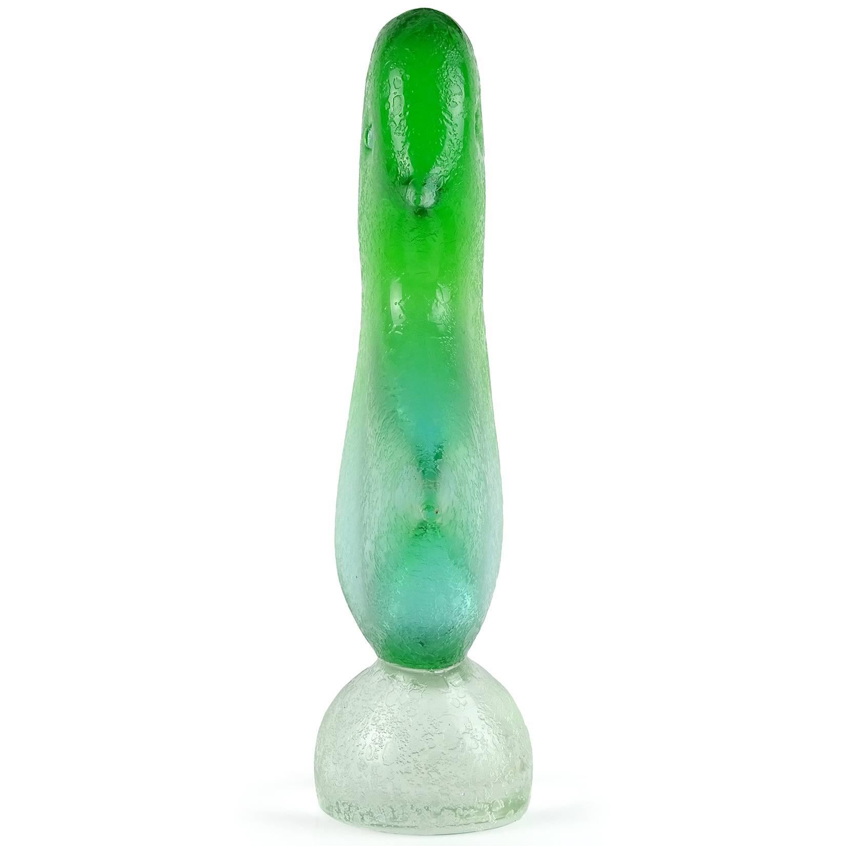 Beautiful Murano handblown Sommerso green with hint of light blue Italian art glass bird sculpture. Created in with a 