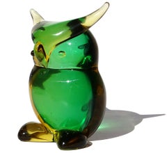 Murano Sommerso Green Golden Honey Yellow Italian Art Glass Owl Figure Sculpture