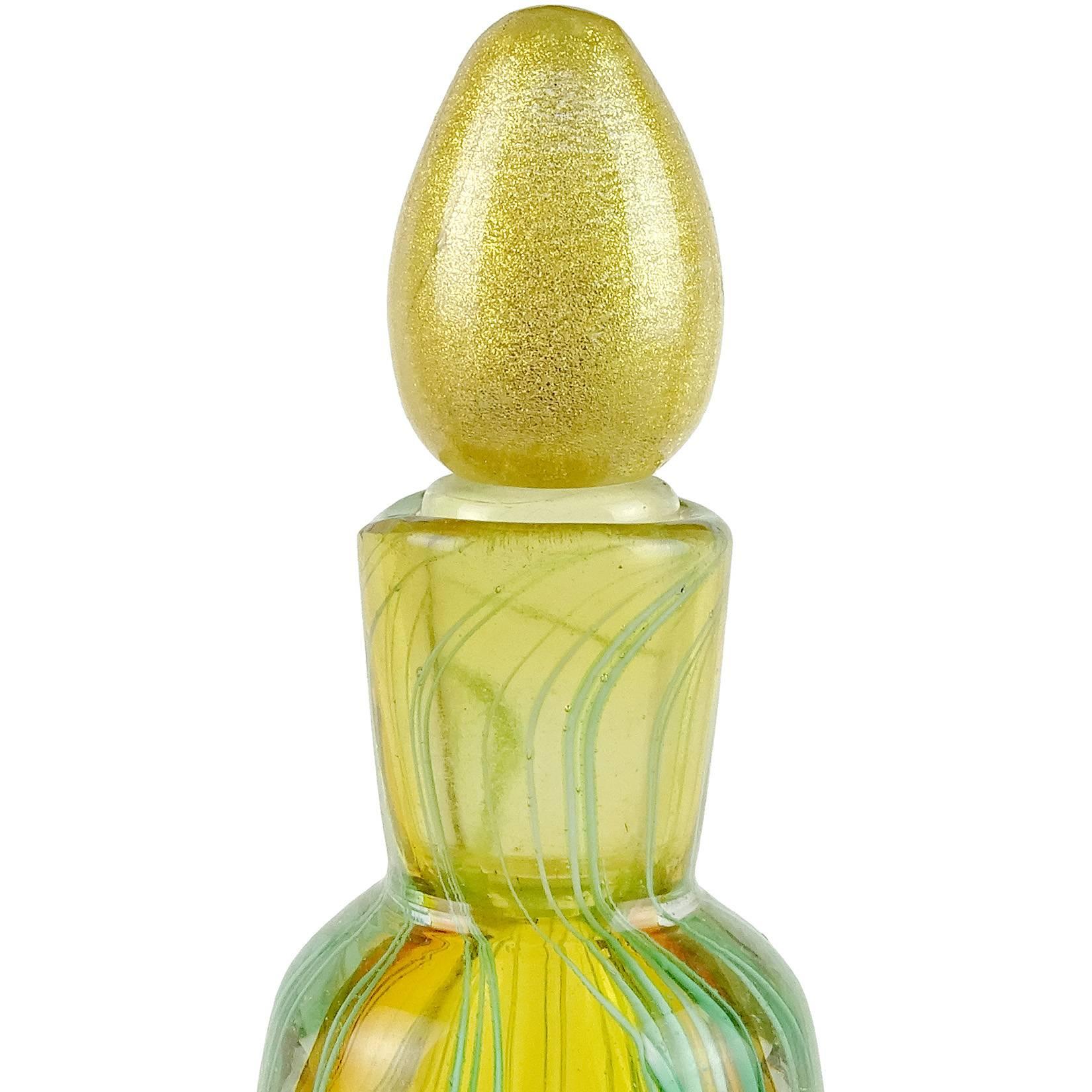 Mid-Century Modern Murano Sommerso Green Ribbons Gold Stopper Italian Art Glass Perfume Bottle