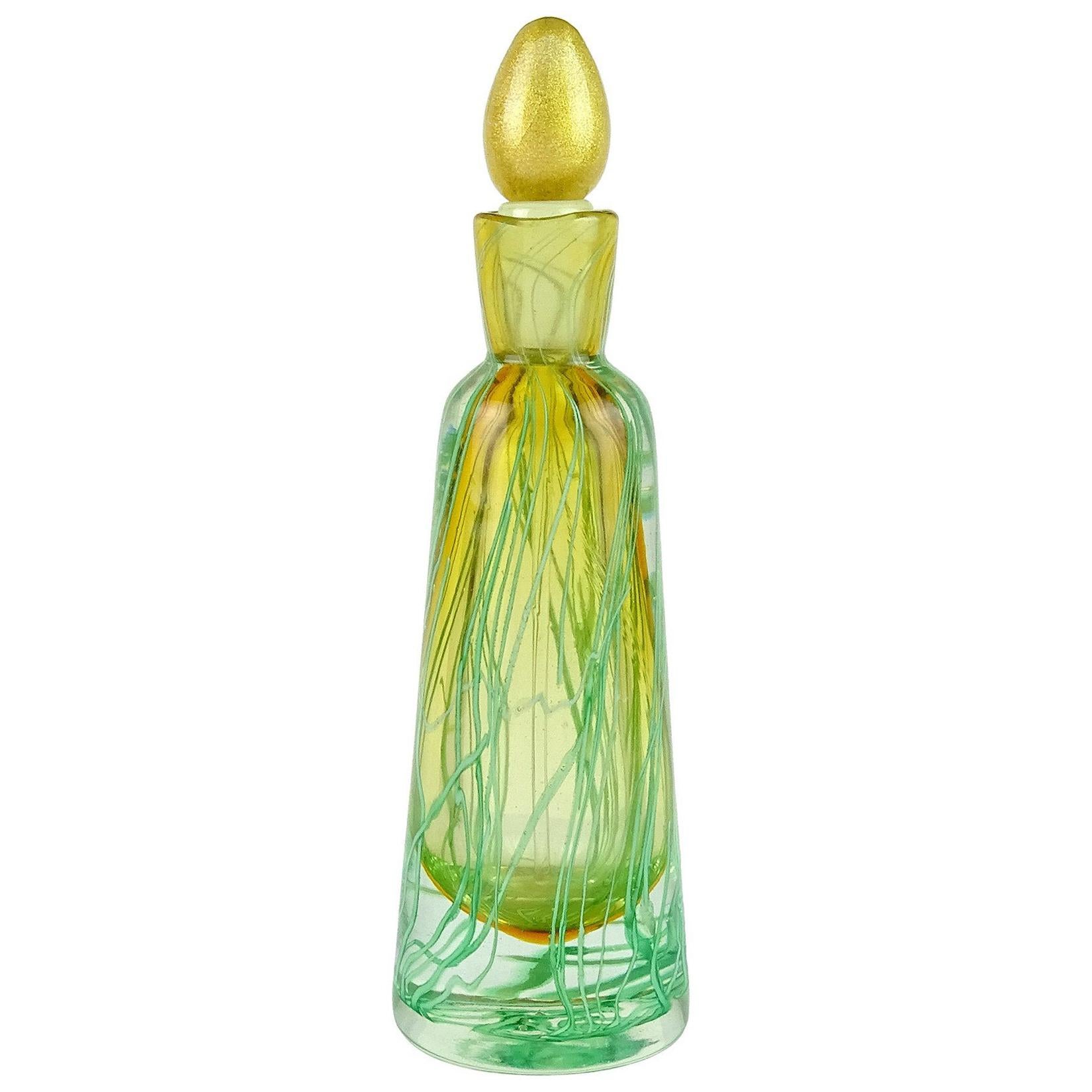 Murano Sommerso Green Ribbons Gold Stopper Italian Art Glass Perfume Bottle