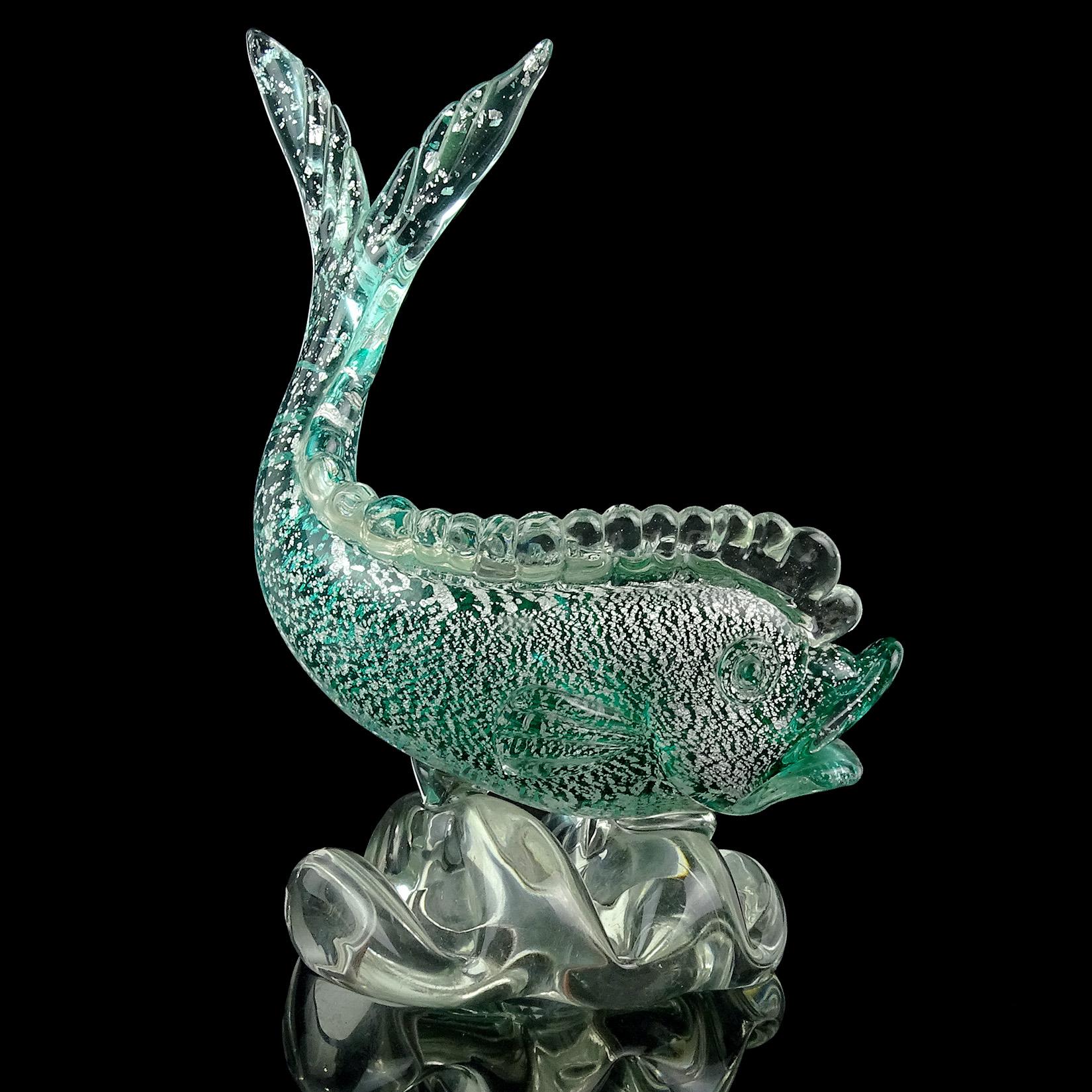 Art Deco Murano Sommerso Green Silver Flecks Italian Art Glass Fish Sculpture on Wave