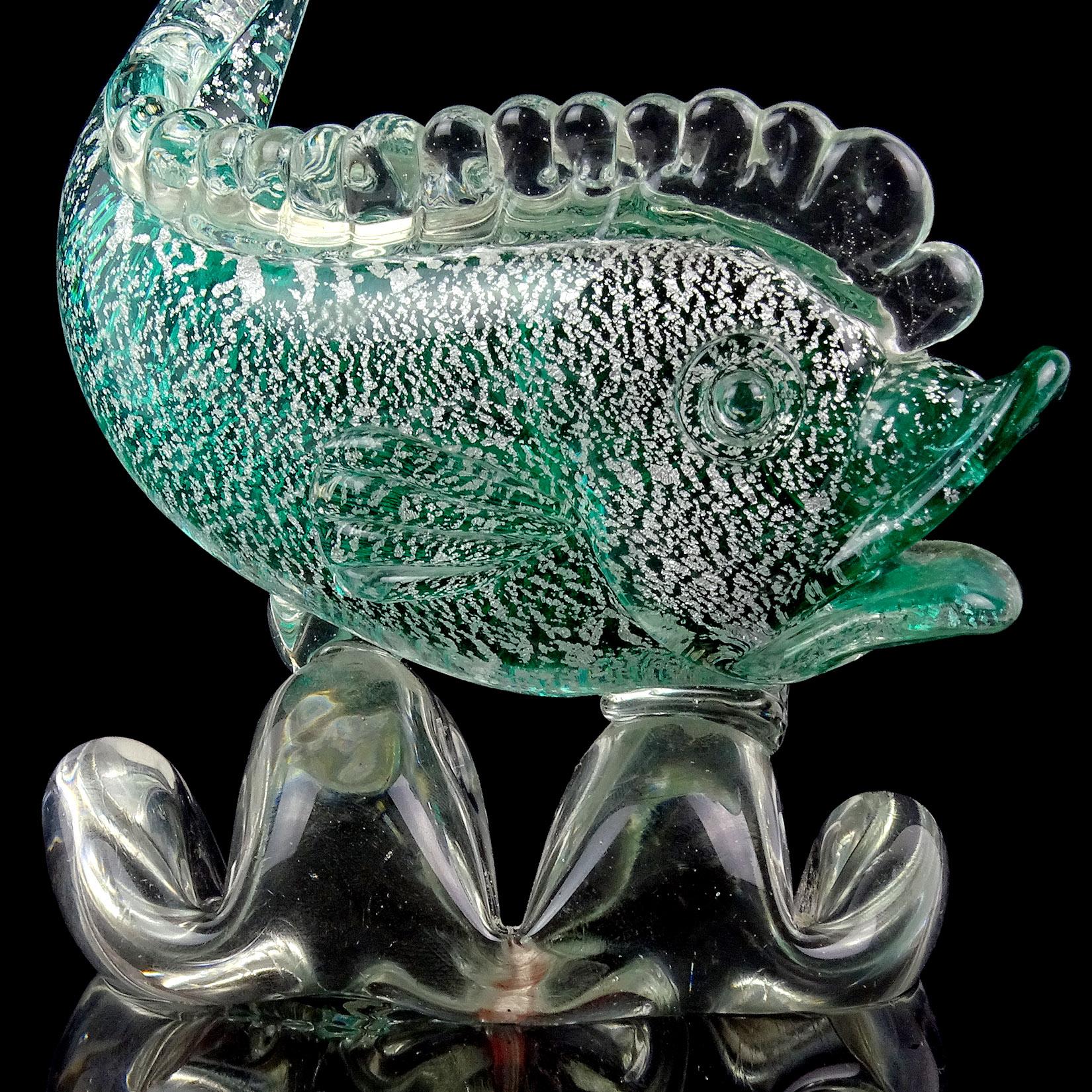 Hand-Crafted Murano Sommerso Green Silver Flecks Italian Art Glass Fish Sculpture on Wave