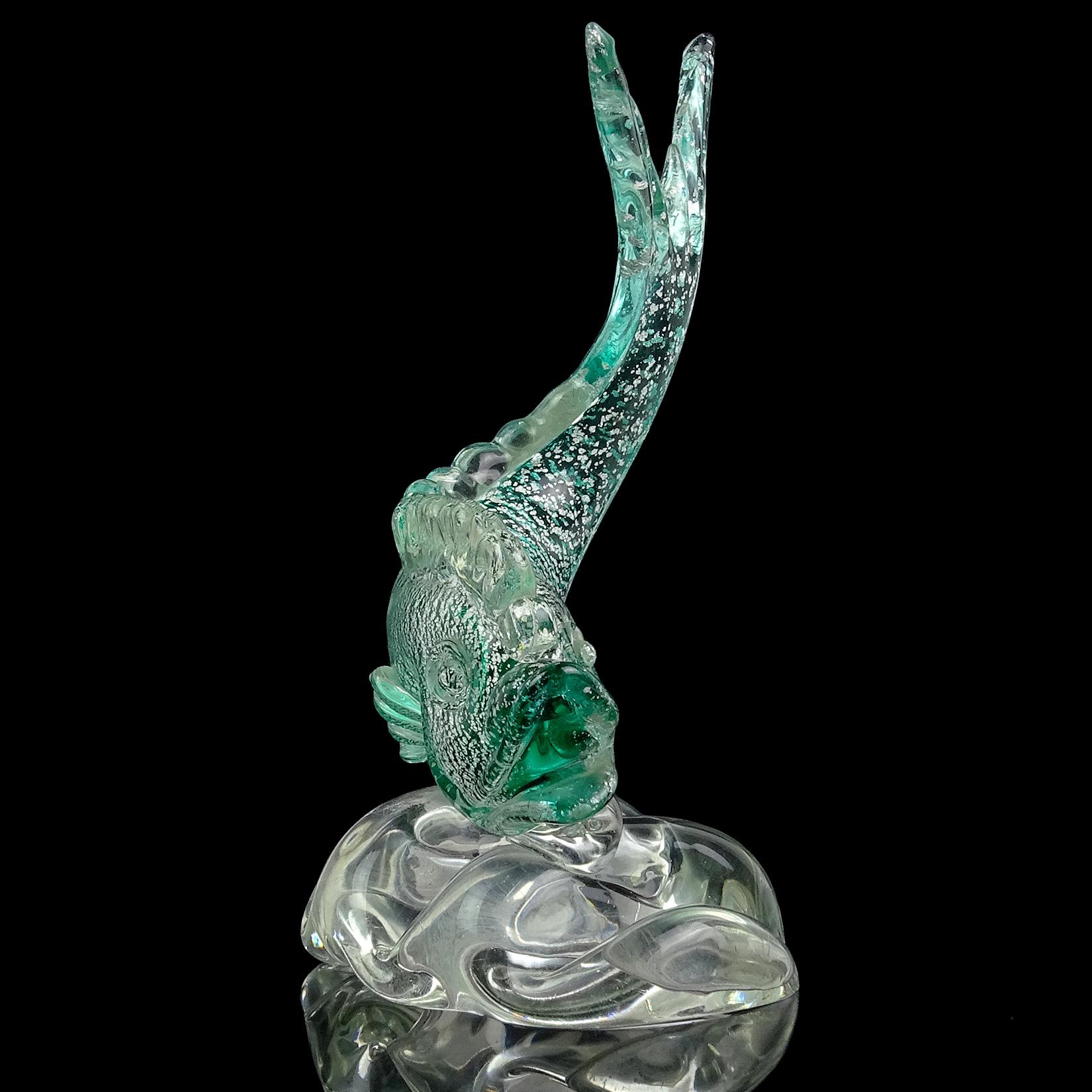 20th Century Murano Sommerso Green Silver Flecks Italian Art Glass Fish Sculpture on Wave