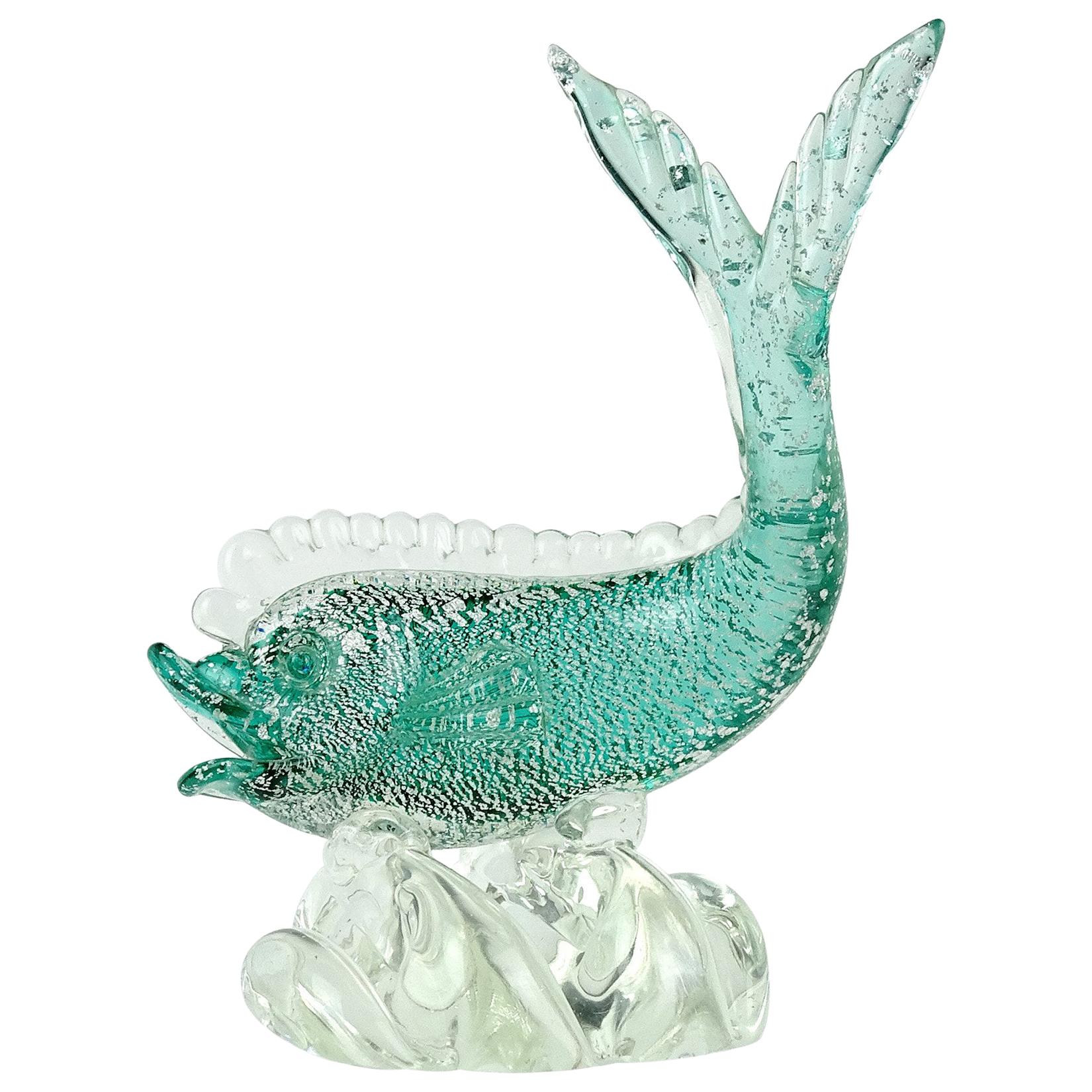 Murano Sommerso Green Silver Flecks Italian Art Glass Fish Sculpture on Wave