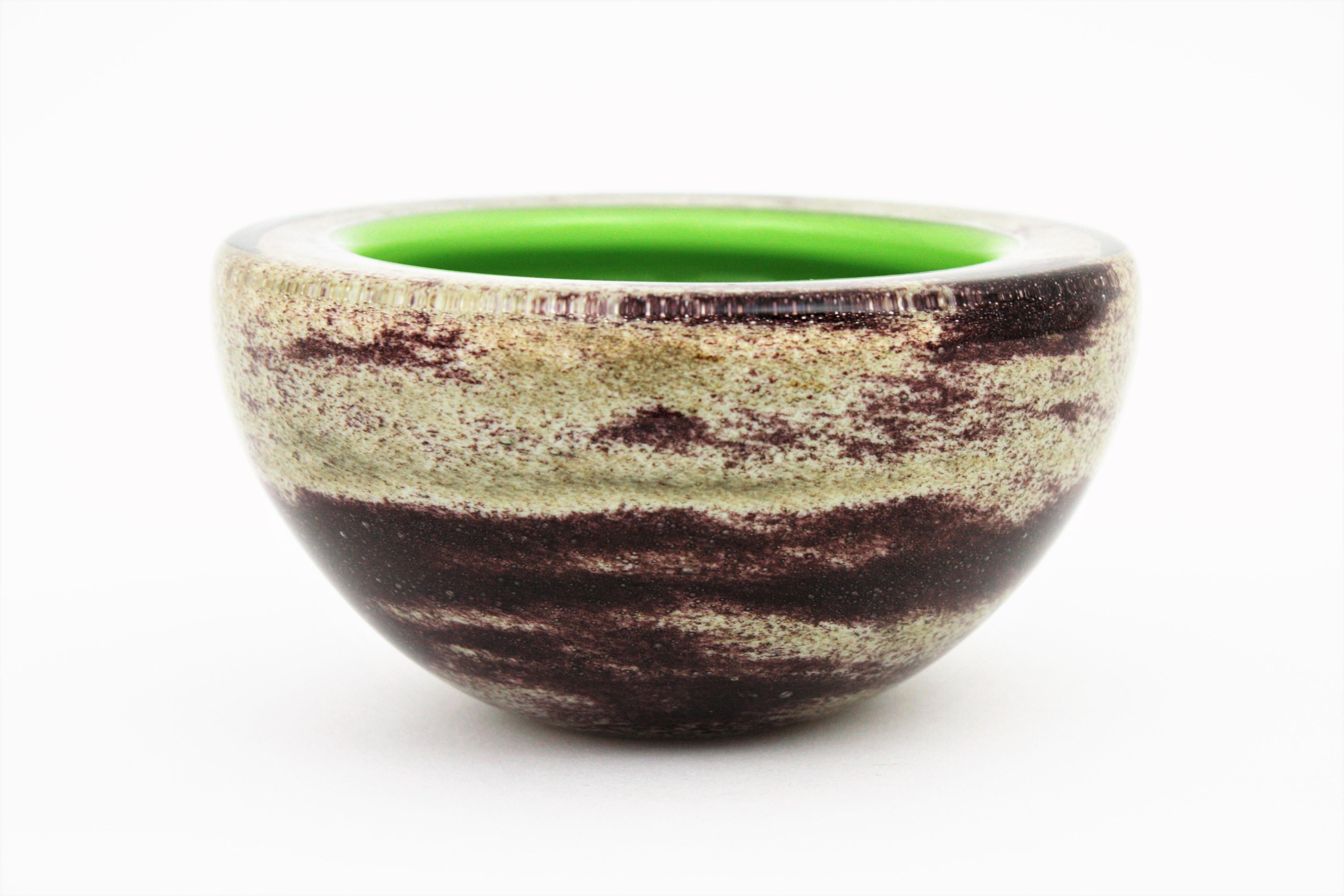 Murano Sommerso Green White Brown Geode Large Art Glass Bowl For Sale 2