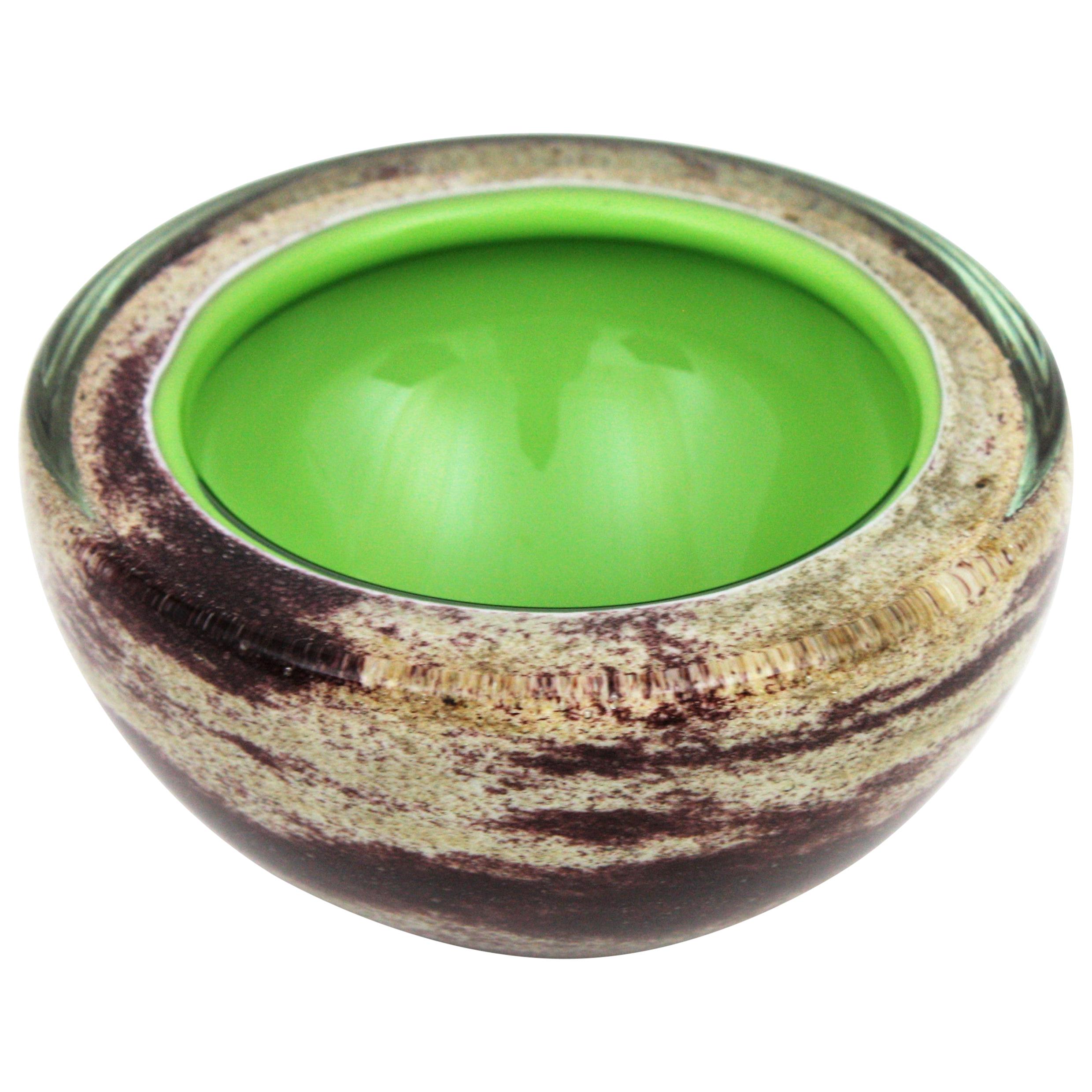 Italian Murano Sommerso Green White Brown Geode Large Art Glass Bowl For Sale