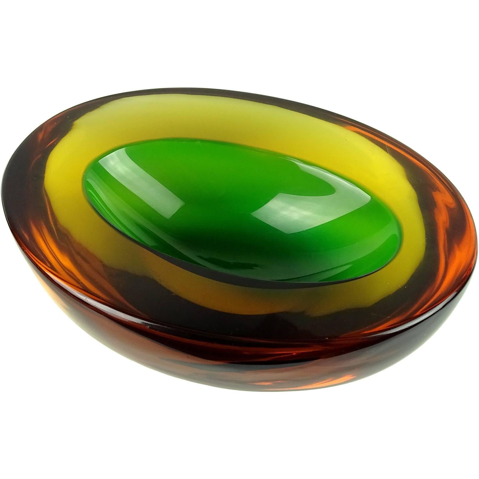 Mid-Century Modern Murano Sommerso Green Yellow Amber Italian Art Glass Geode Cut Bowl Dish
