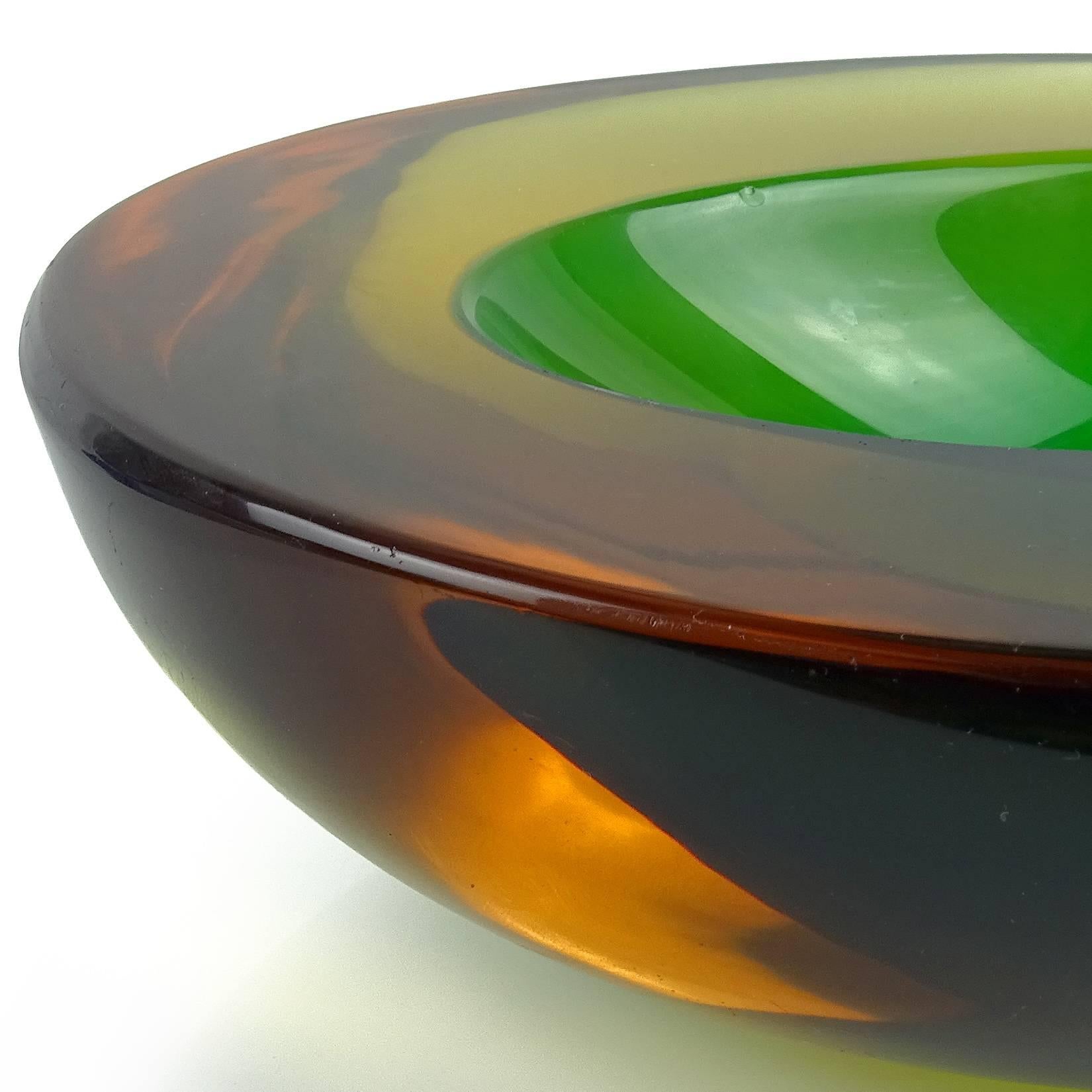 Hand-Crafted Murano Sommerso Green Yellow Amber Italian Art Glass Geode Cut Bowl Dish