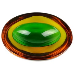 Murano Sommerso Green Yellow Amber Italian Art Glass Geode Cut Bowl Dish