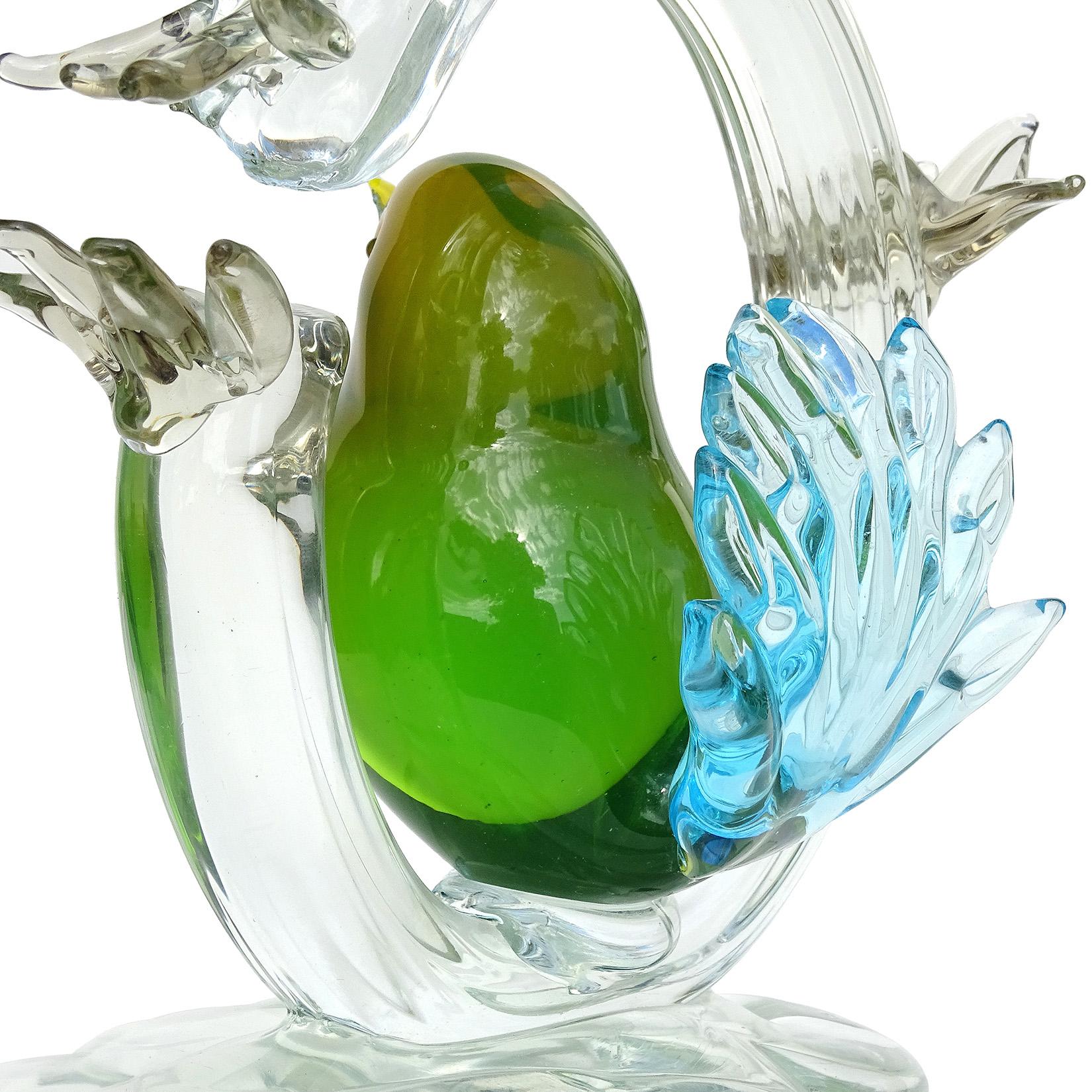 Hand-Crafted Murano Sommerso Green Yellow Birds Blue Tail Uranium Italian Art Glass Sculpture For Sale