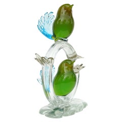 Murano Sommerso Green Yellow Birds Blue Tail Uranium Italian Art Glass Sculpture