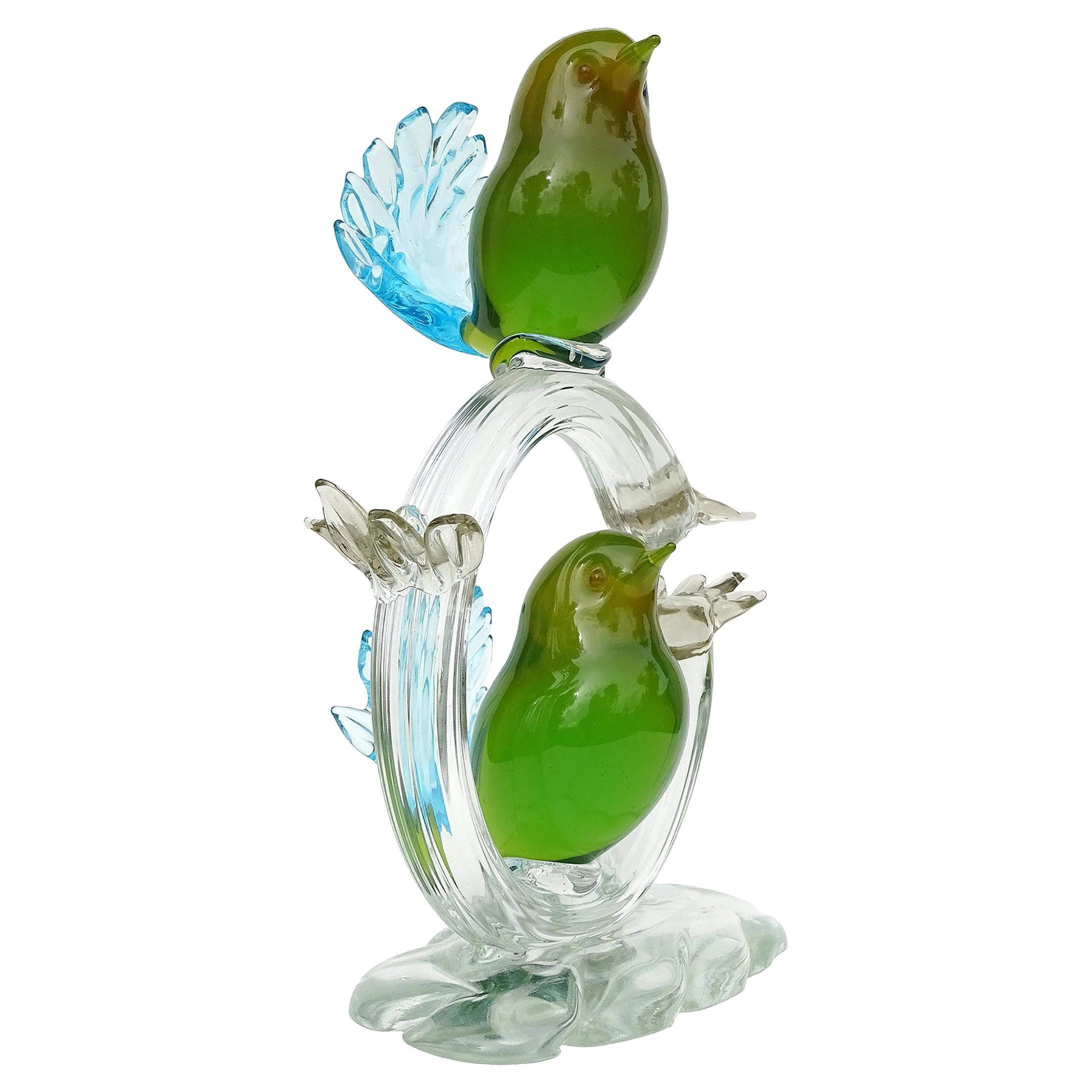 Murano Glass Sommerso Grün Gelb Vögel Blauer Schwanz Uran Italienische Kunst Glasskulptur