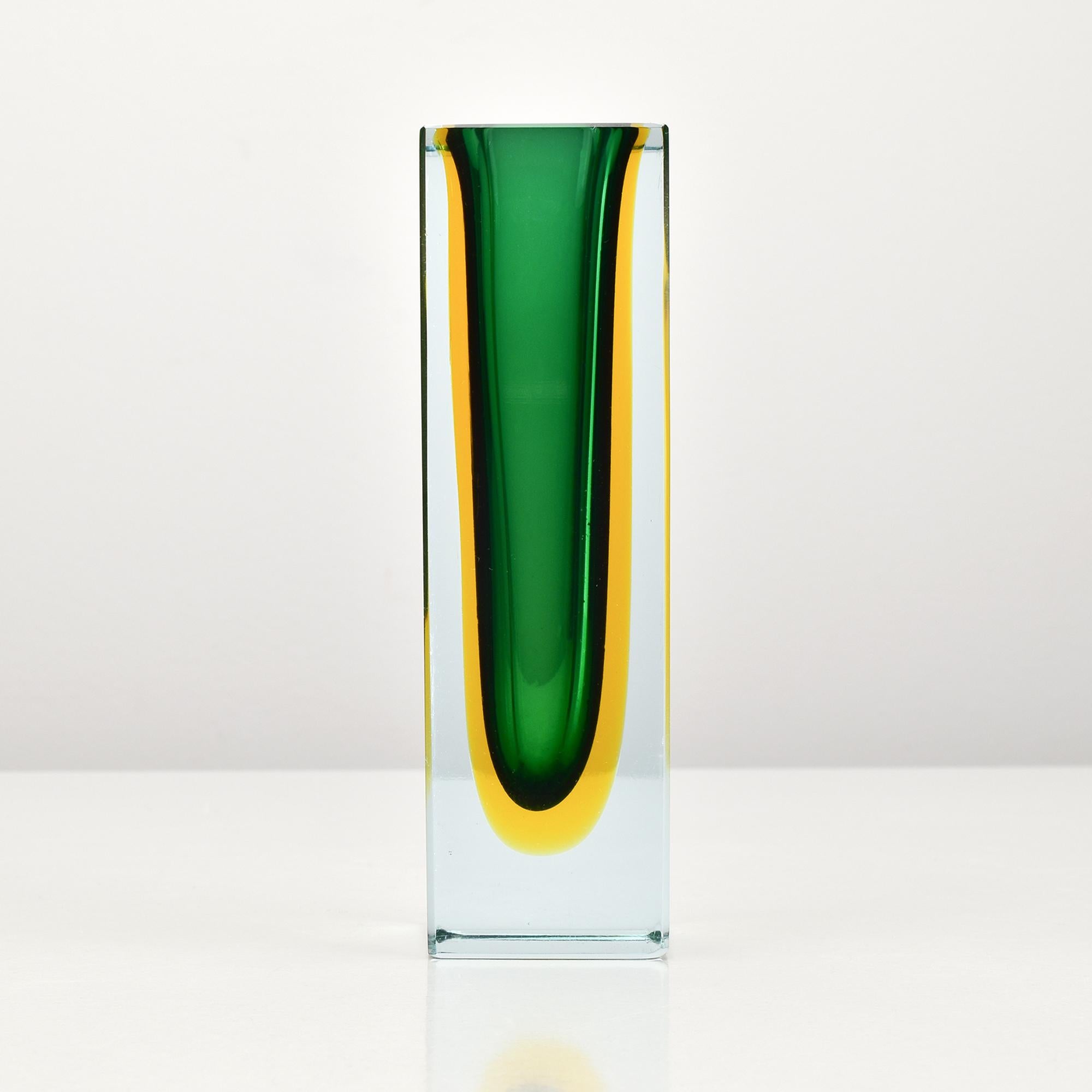 Striking Murano art glass block vase designed by Flavio Poli for Seguso Vetri d'Arte, Italy, in the 1960s. This sculptural piece exemplifies the iconic 
