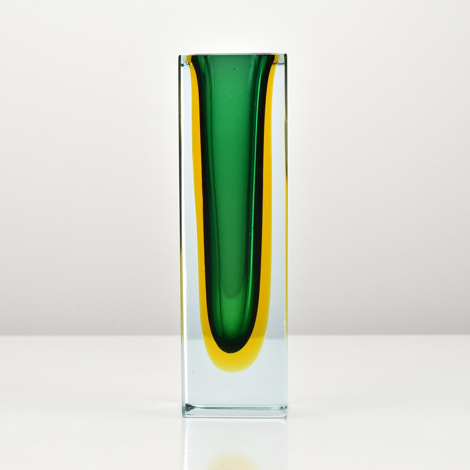 Mid-Century Modern Murano Sommerso Green & Yellow Block Vase by Flavio Poli, 1960s For Sale