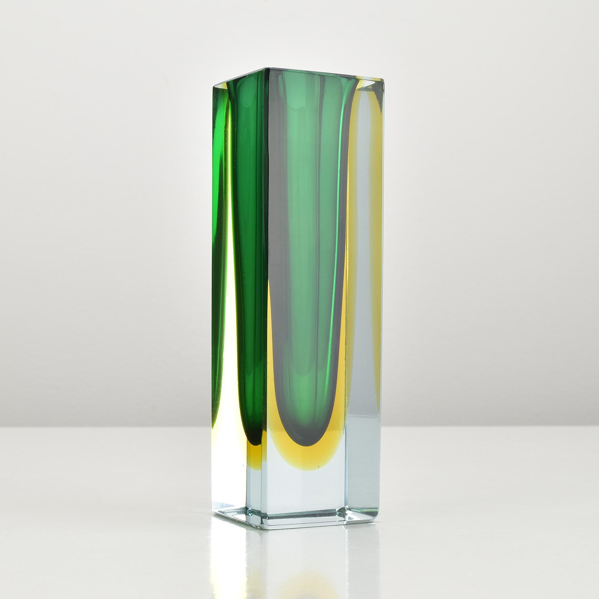 Italian Murano Sommerso Green & Yellow Block Vase by Flavio Poli, 1960s For Sale