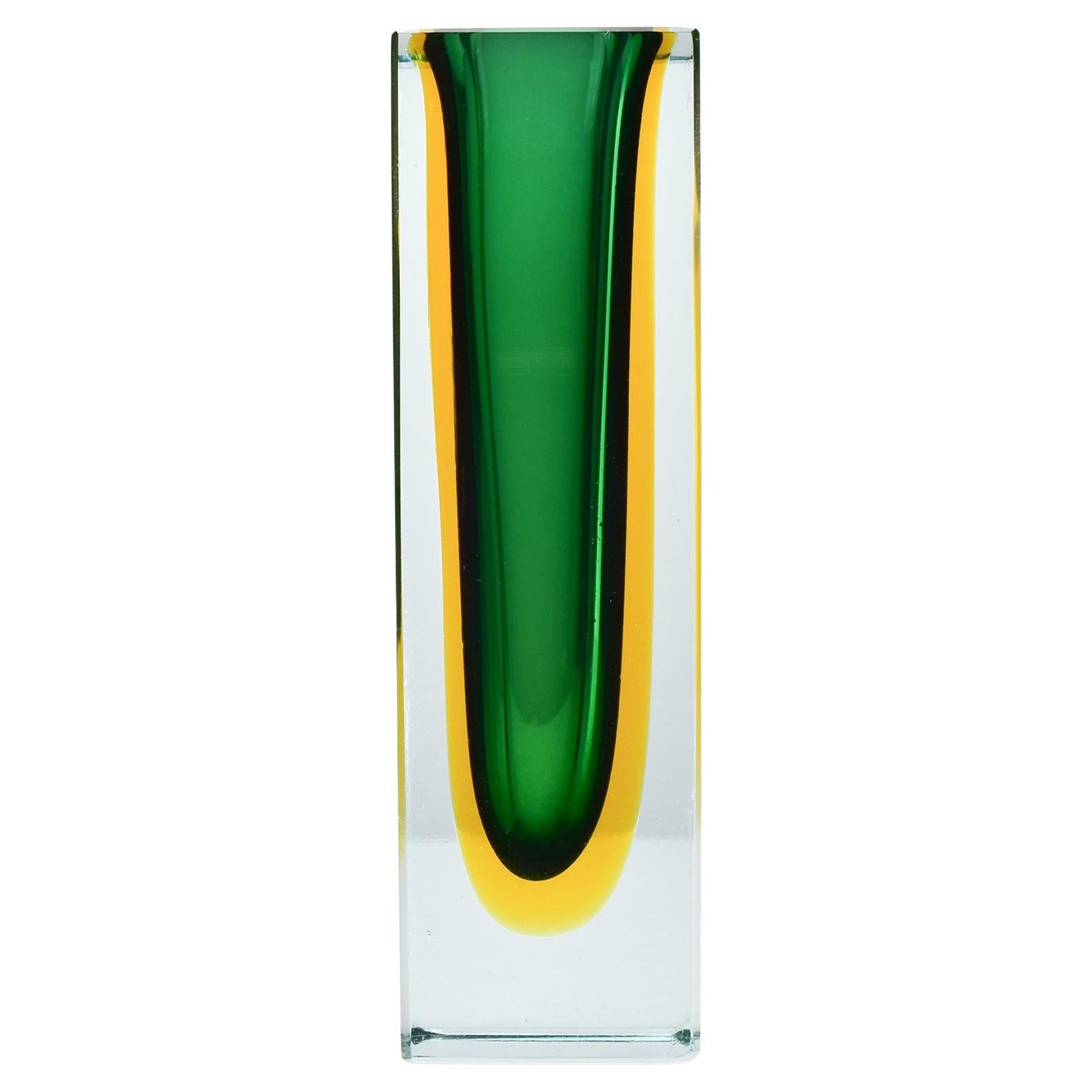 Murano Sommerso Green & Yellow Block Vase by Flavio Poli, 1960s For Sale