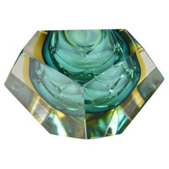 Murano Sommerso Green Yellow 
Clear Faceted Block Bowl Dish by Flavio Poli
