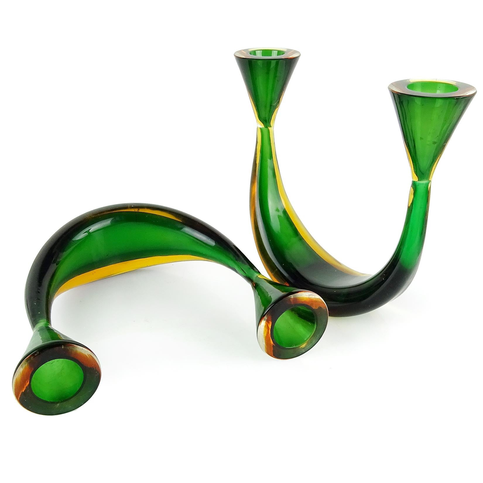 Mid-Century Modern Murano Sommerso Green Yellow Orange Italian Vintage Art Glass Candlestick Set